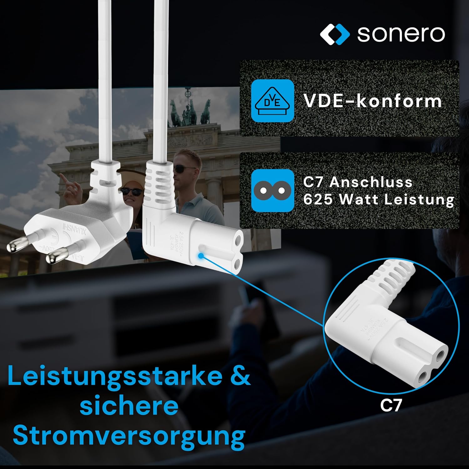 Detalle de Sonero Câble d’alimentation 2 pôles 2,0 m prise Euro Type C vers IEC C7 (angle 90°) blanc