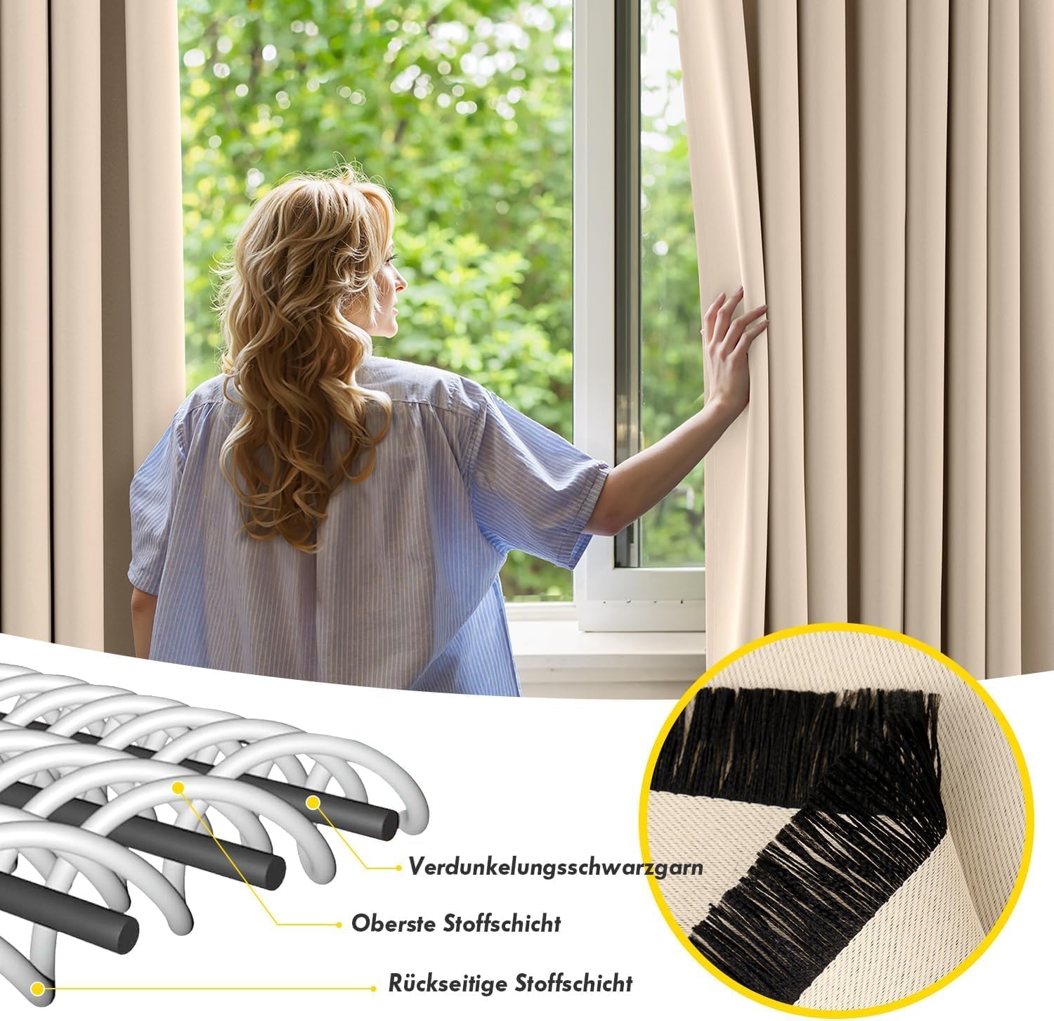 Detalle de MIULEE Verdunklungsvorhänge Dunkelbeige – blickdichte 2er-Set mit Ösen, 245 cm Länge