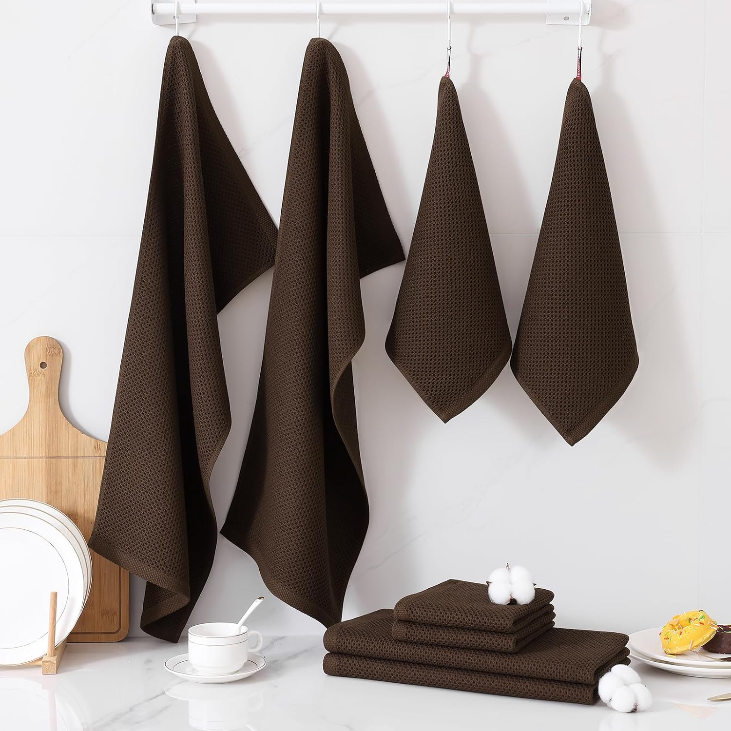 Thumbnail 6 de Homaxy 100% Cotton Kitchen Towels and Dishcloths Set — 8-Piece, 12x12 and 13x28 Inches, Dark Brown
