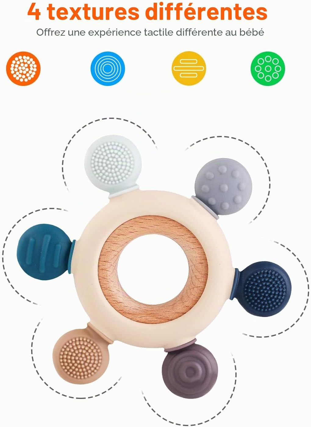 Detalle de akolik Anneau de Dentition pour Bébé – Silicone et Bois, Sans BPA, 3–12 mois