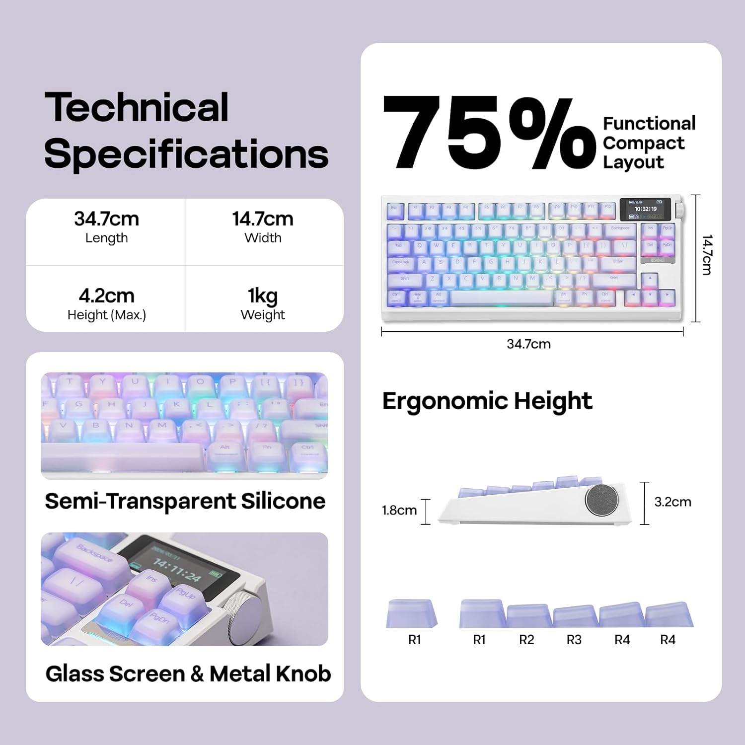 Thumbnail 6 de EPOMAKER G84 Pro Wireless Gaming Keyboard with Screen & Knob (75% Hot Swappable, 8000mAh, BT 5.0/2.4G/USB-C)