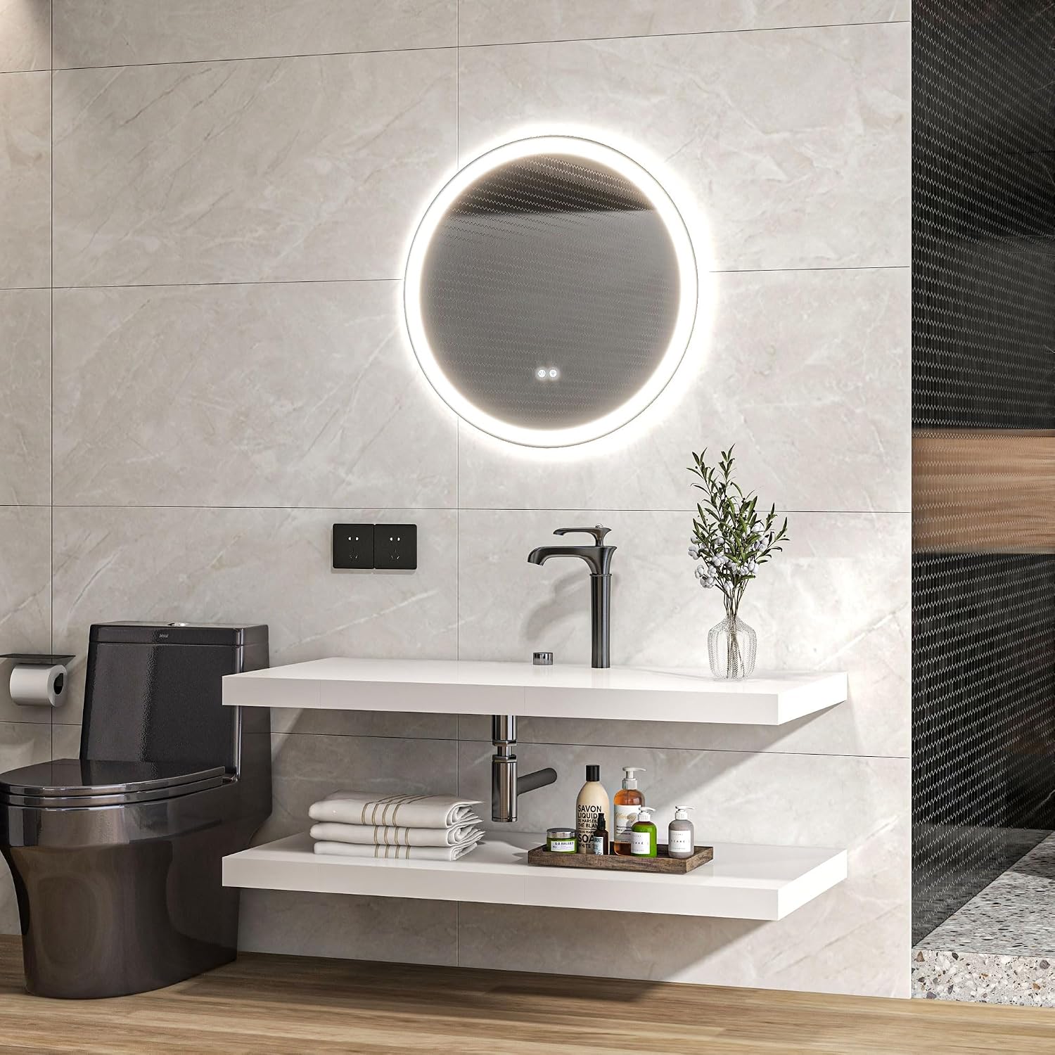 Detalle 2 de kleankin Miroir de salle de bain rond Ø 80 cm avec éclairage LED et anti-buée
