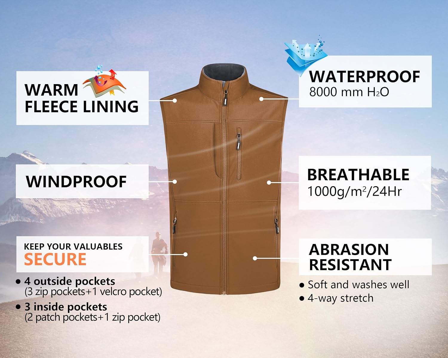 Detalle 2 de Outdoor Ventures Herren Softshell-Weste wasserdicht, winddicht – ärmellos für Golf, Outdoor & Sport