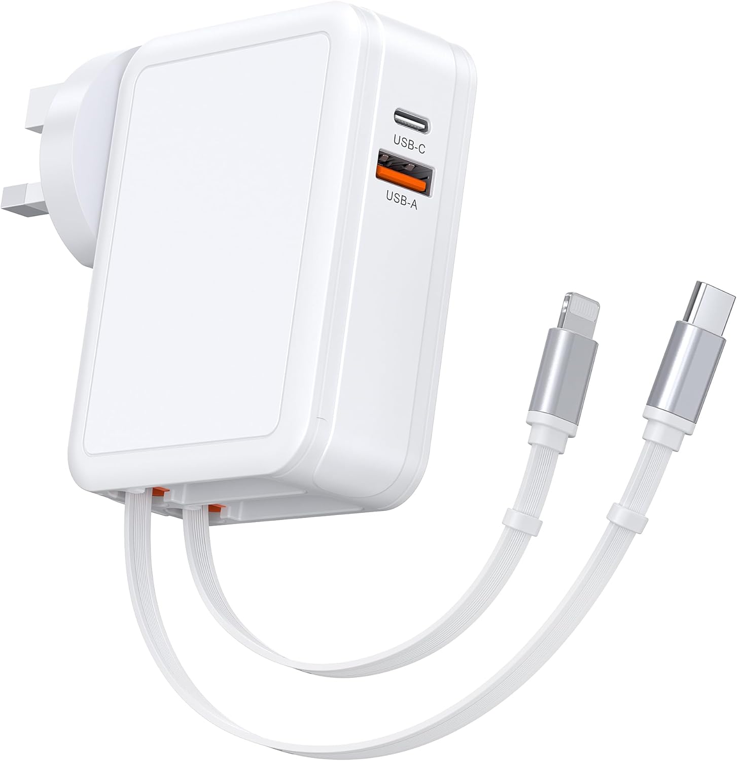 Detalle de 65W Wall Charger with Dual Retractable Cables: 4-in-1 UK Travel Ready Power Hub