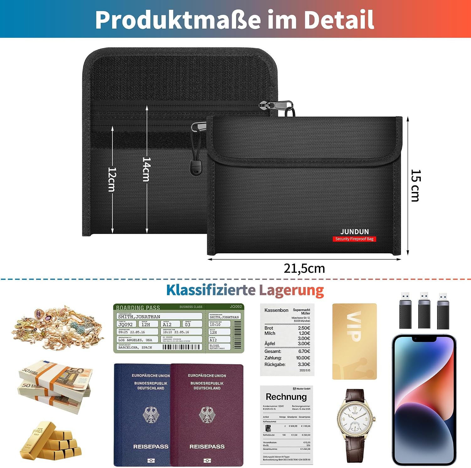 Thumbnail 4 de JUNDUN Feuerfeste Geldtasche 2er Pack