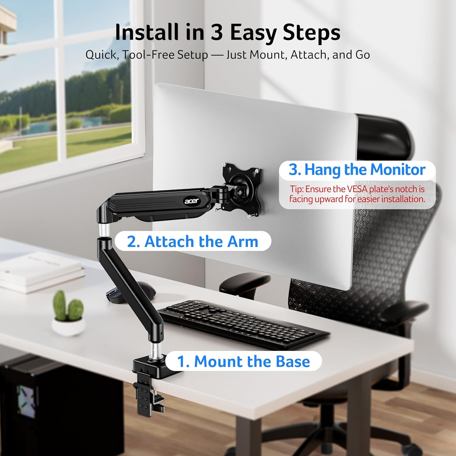 Detalle de Acer single monitor arm desk mount (17–34 inch) with gas spring, tilt/swivel/rotate, VESA 75/100