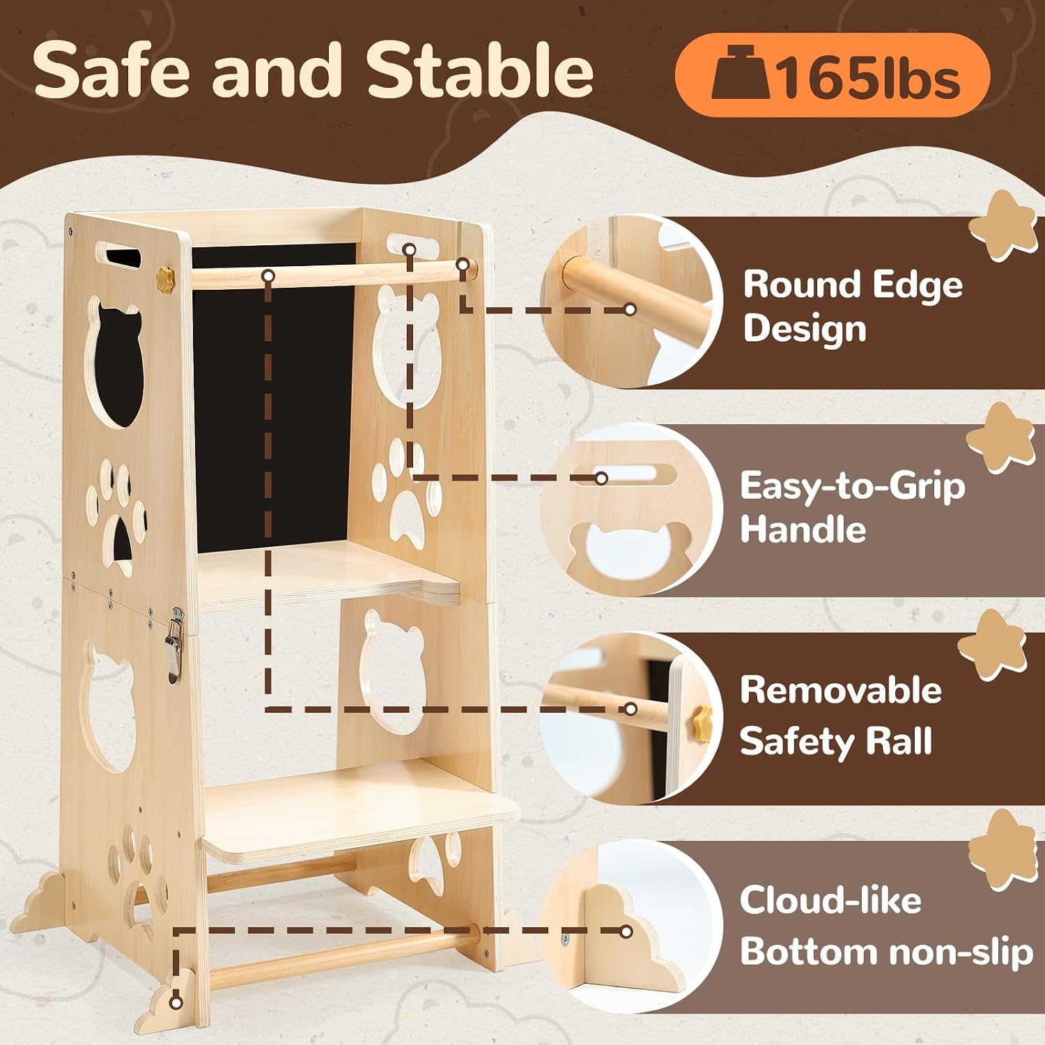 Detalle 2 de FOBIG Toddler Kitchen Step Stool, Solid Wood and MDF