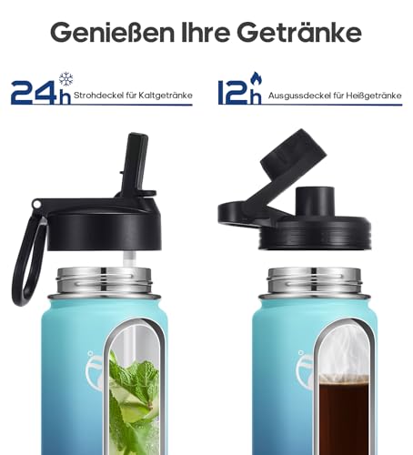 Detalle de HydroPal 500ml Edelstahl Isolierflasche – Doppelwand, zwei Deckel, Strohhalm