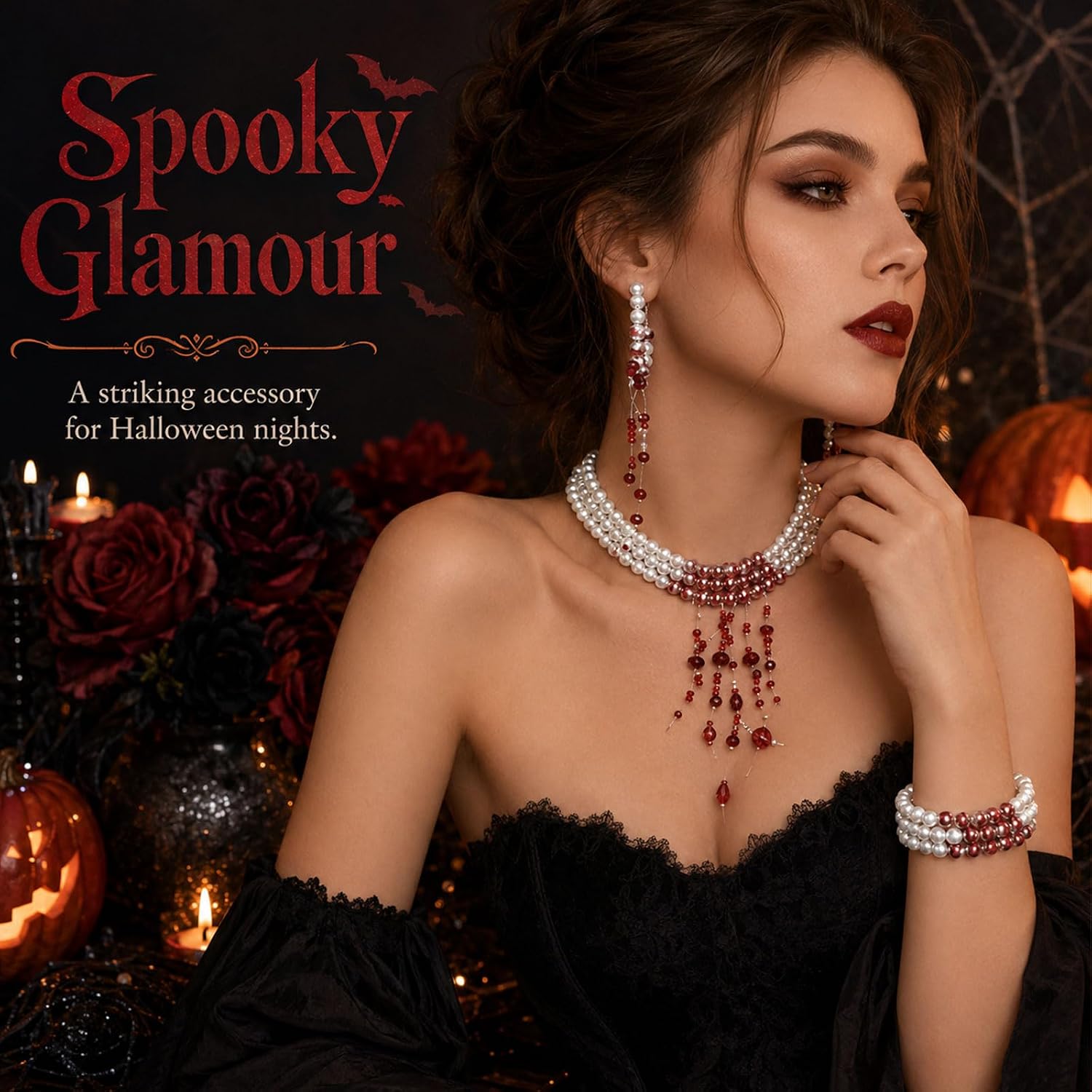 Detalle de Cuxawamiyo collar gótico de perlas con pulsera, pendientes y gotas rojas