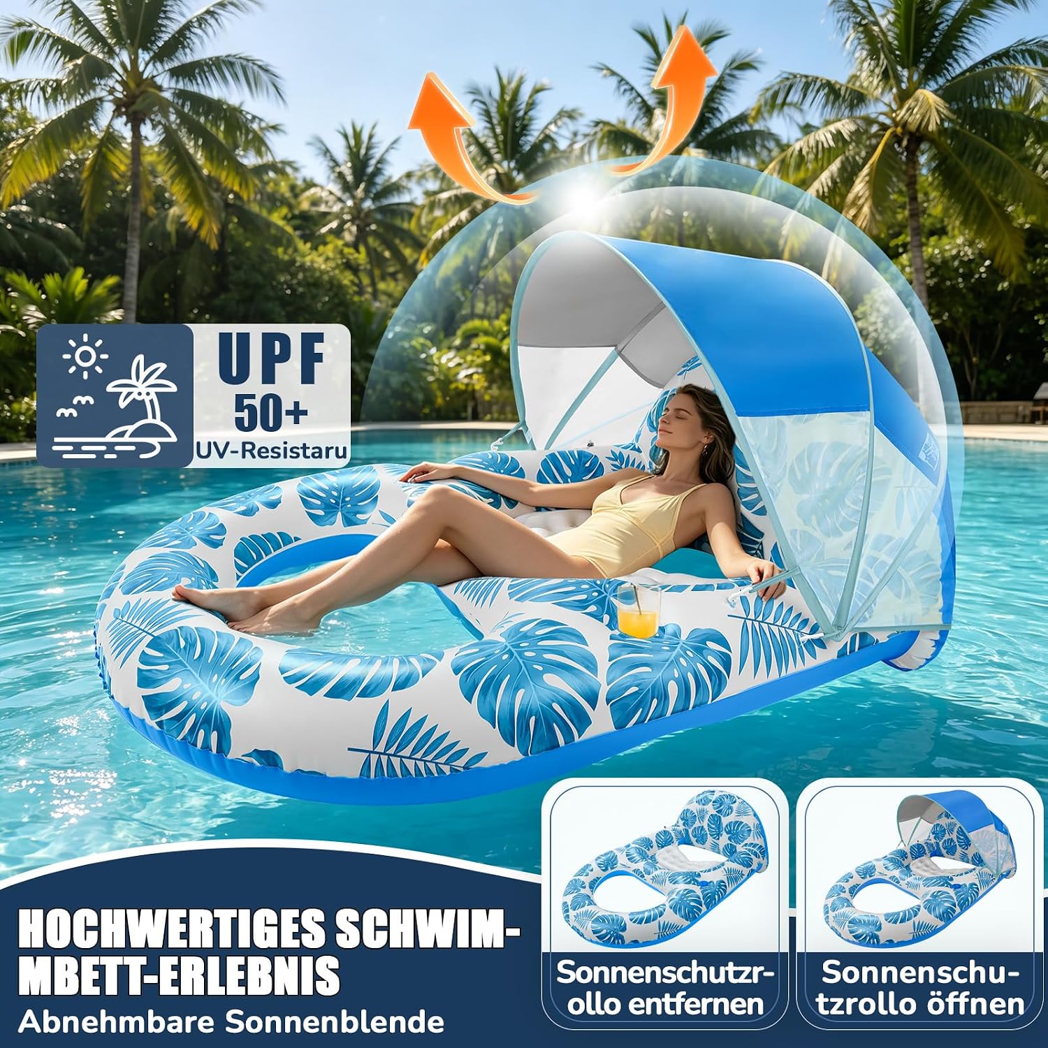 Detalle de Cheffery Luftmatratze Pool – Aufblasbares Sonnenpool-Sofa mit Sonnendach, Getränkehalter und Fußstütze