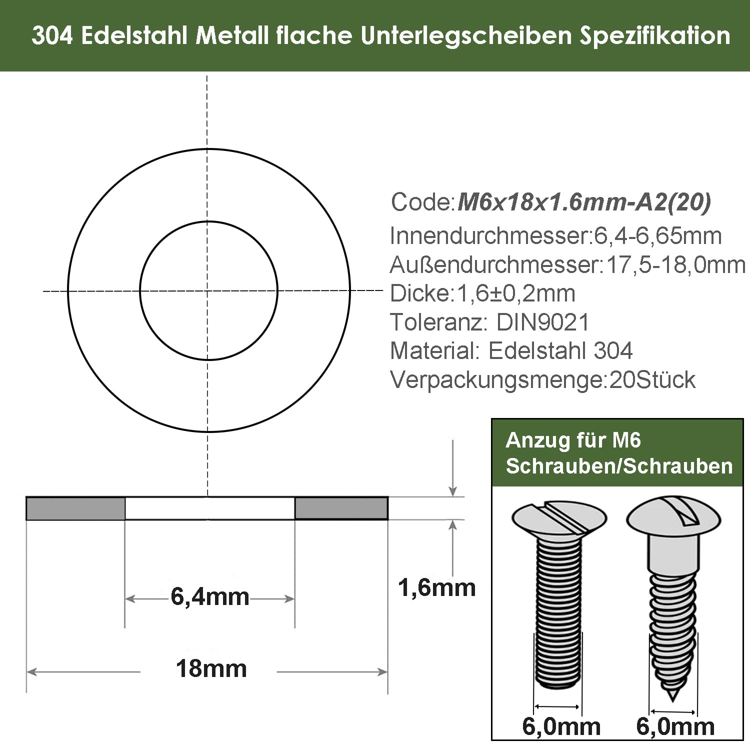 Detalle 2 de AMLOOPH Unterlegscheiben M6, Große Flach Unterlegscheiben M6 x 18 mm, Edelstahl V2A DIN 9021, 20 Stück