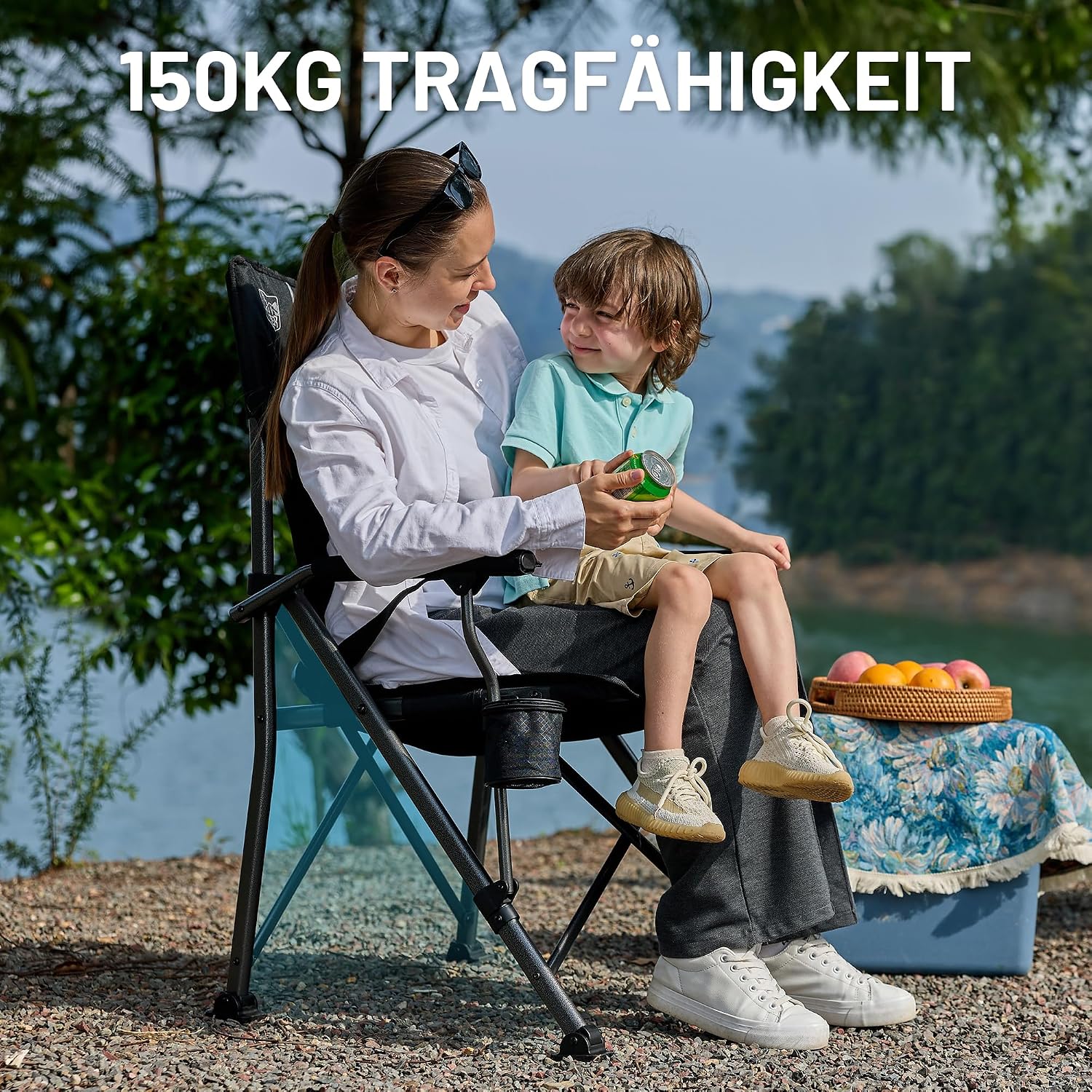 Detalle de TIMBER RIDGE Faltstuhl Campingstuhl Hochlehner mit 150 kg Tragkraft, Getränkehalter und verstellbarer Rückenlehne