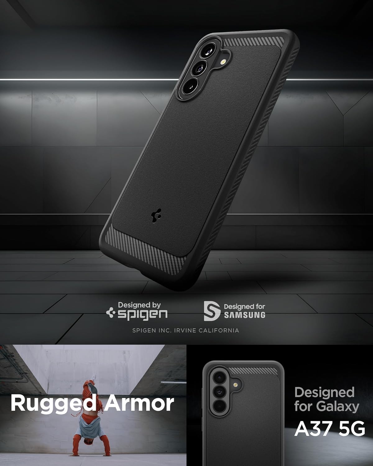 Thumbnail 1 de Spigen Rugged Armor – coque antichoc pour Samsung Galaxy A37 5G (noir mat, motif fibre de carbone)