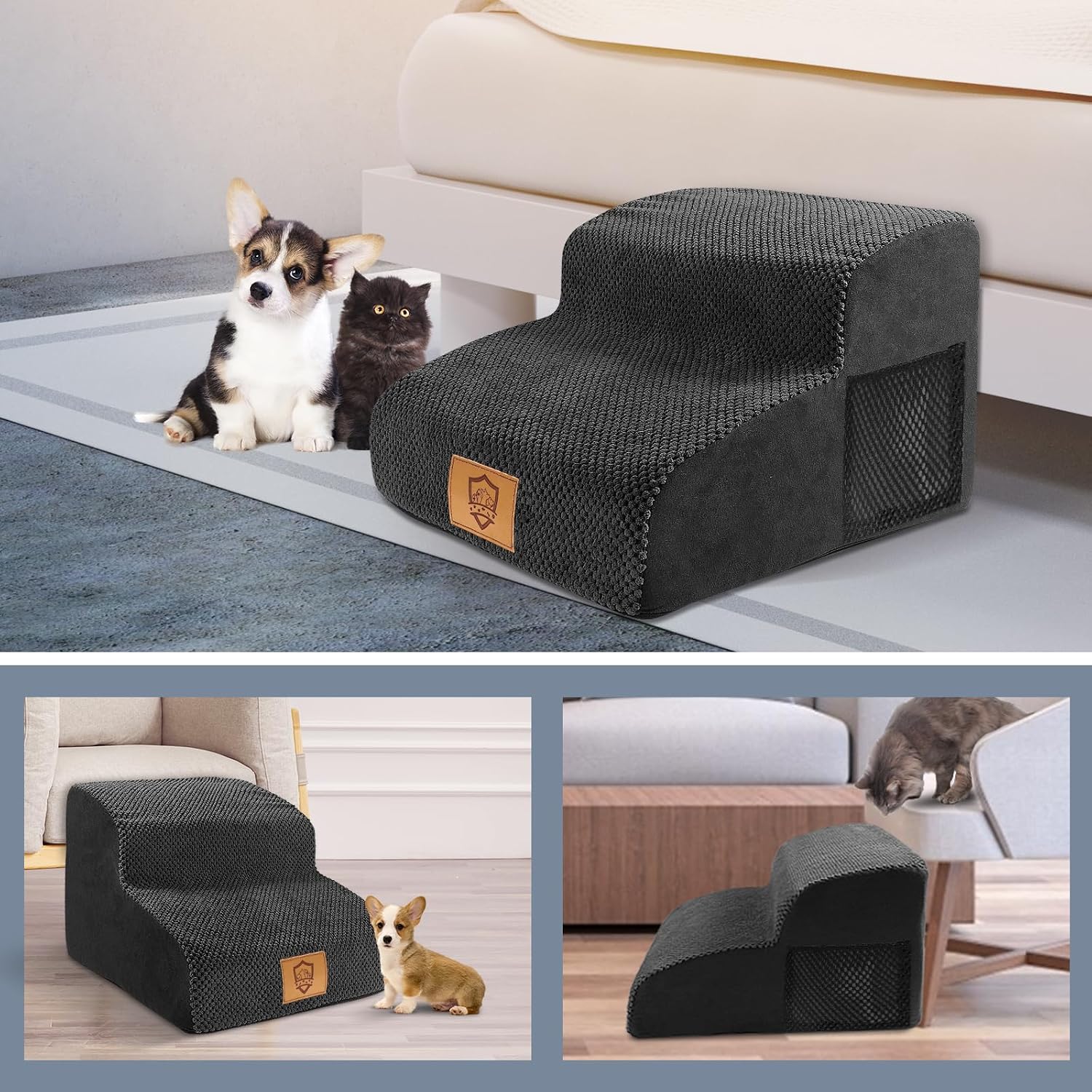 Detalle de Thihome Hundetreppe mit 2 Stufen (40 x 40 x 30 cm), rutschfest, mit waschbarem Bezug und 30D-Schaum