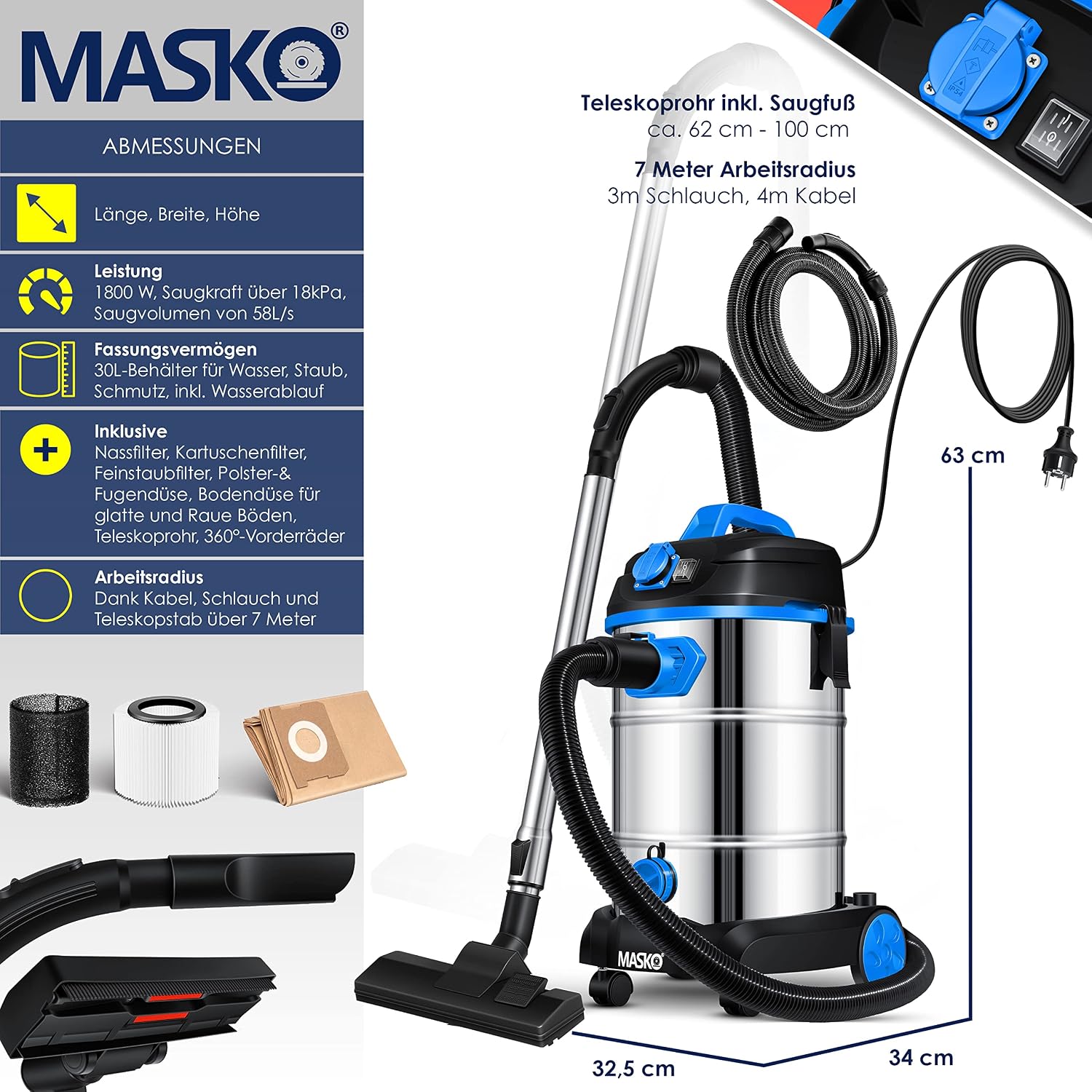 Thumbnail 6 de MASKO Industriestaubsauger Nass/Trocken 1800W — 30L, 58 l/s, 3-in-1 Filtersystem, Push&Clean, Blau