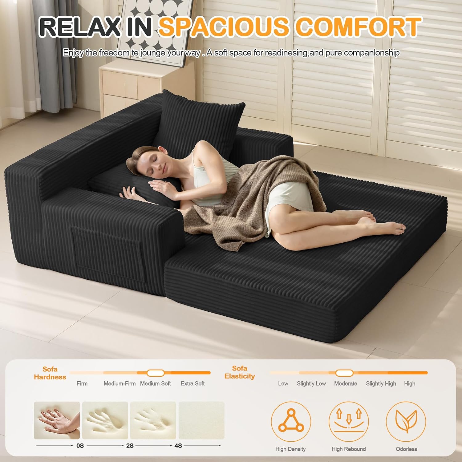 Thumbnail 5 de Erament Loveseat Convertible Sofa Bed, Black Corduroy, Folding Design