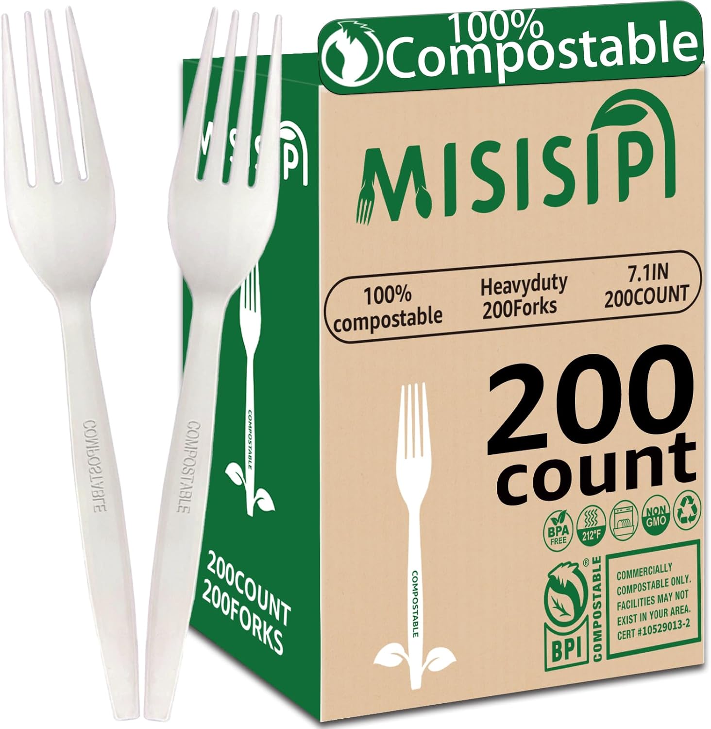 Detalle de MISISIPI FORKS-200 Compostable Forks, 200 Count, Plant-Based PLA