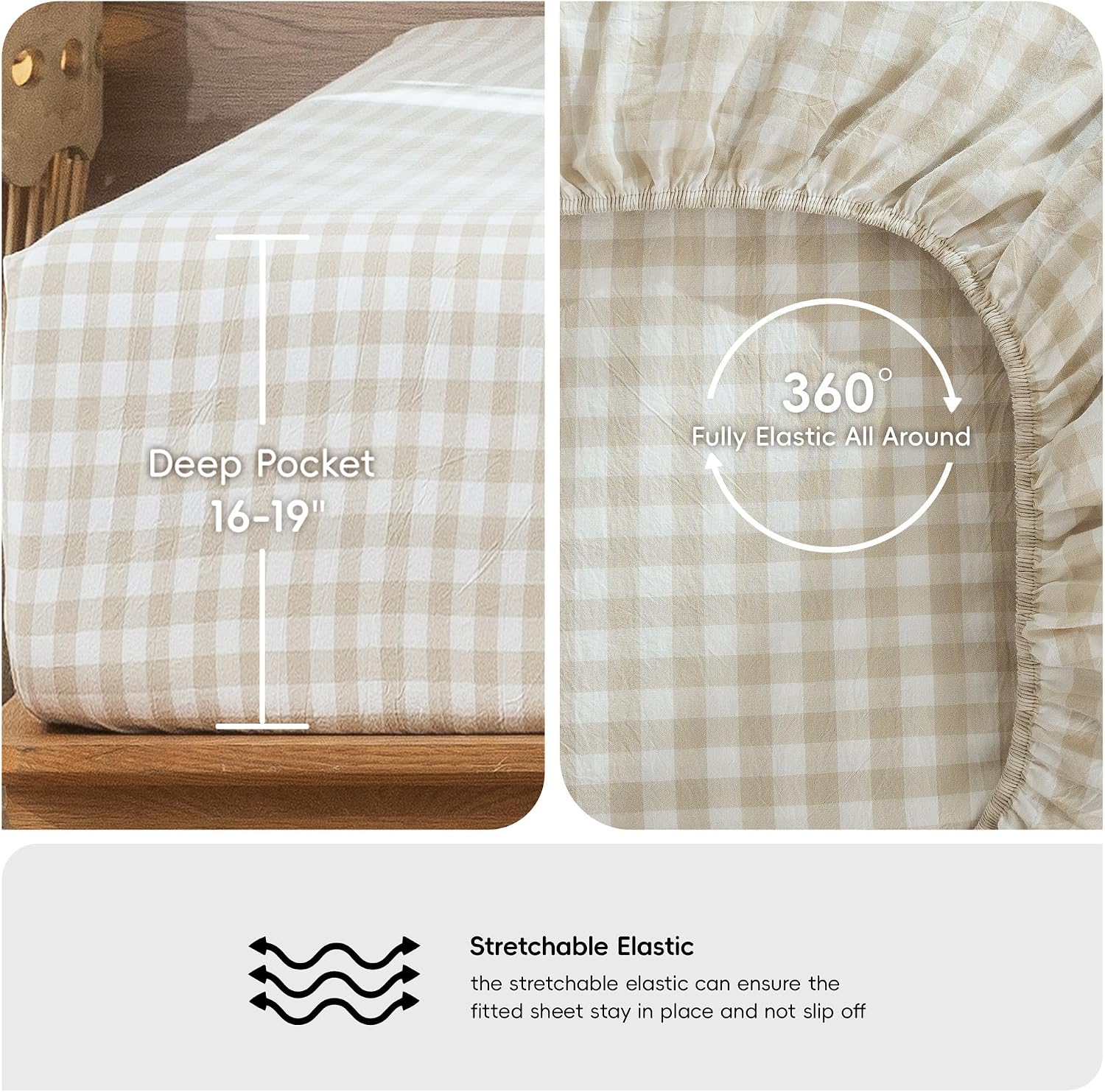Detalle de MOOMEE MooMee Gingham Sheet Set (Queen) — 100% Washed Cotton, Linen-Like Texture, Deep 16–19" Pocket