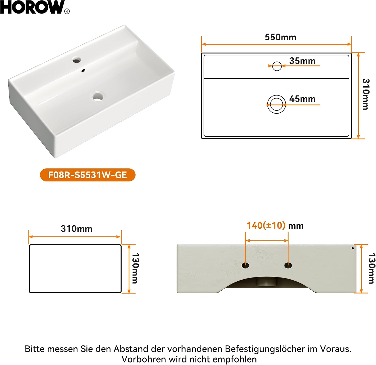 Detalle 2 de HOROW Waschbecken mit dünnem Rand, 55 cm