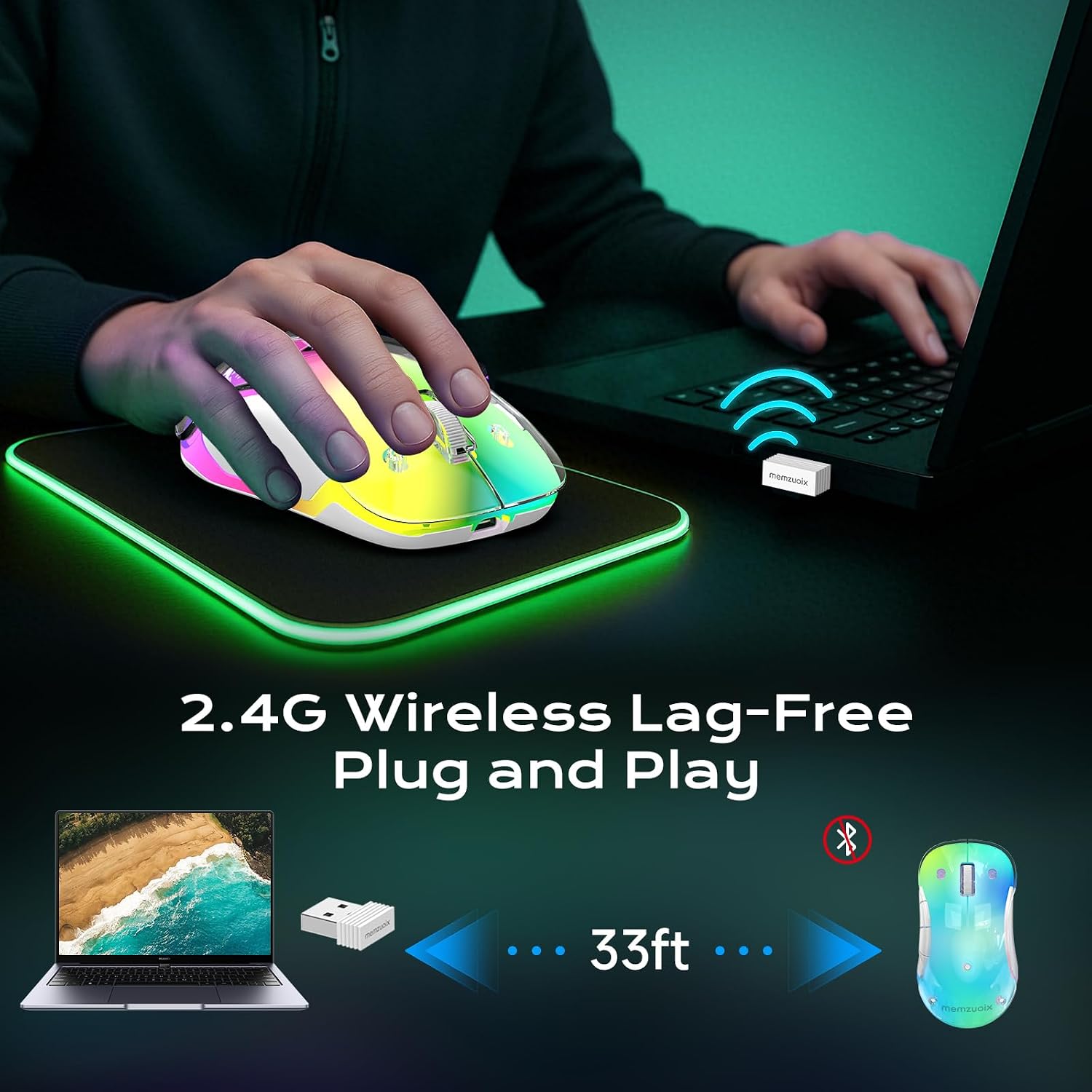Detalle 2 de memzuoix LED Wireless Mouse (Green) – Rechargeable 2.4G optical mouse with RGB lighting