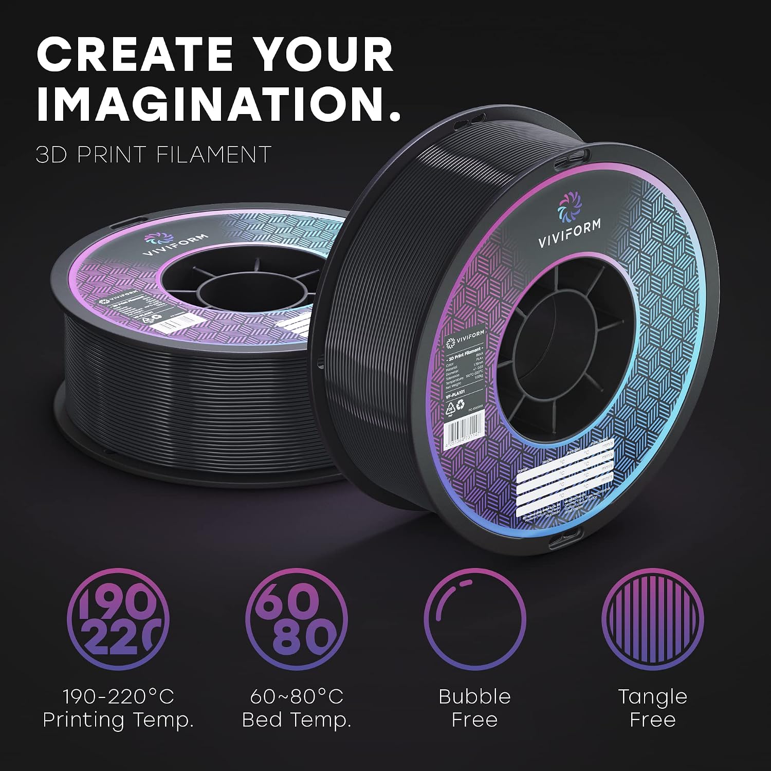 Detalle de Viviform VF-PLA101 PLA+-filament, 1 kg, svart, Ø 1,75 mm