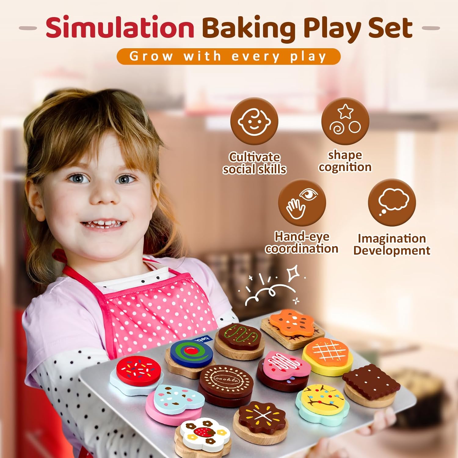 Thumbnail 4 de Beberolen Wooden Cookie Play Food Set – 12 Sliceable Cookies, 12 Toppings, Knife, Spatula & More for Toddlers