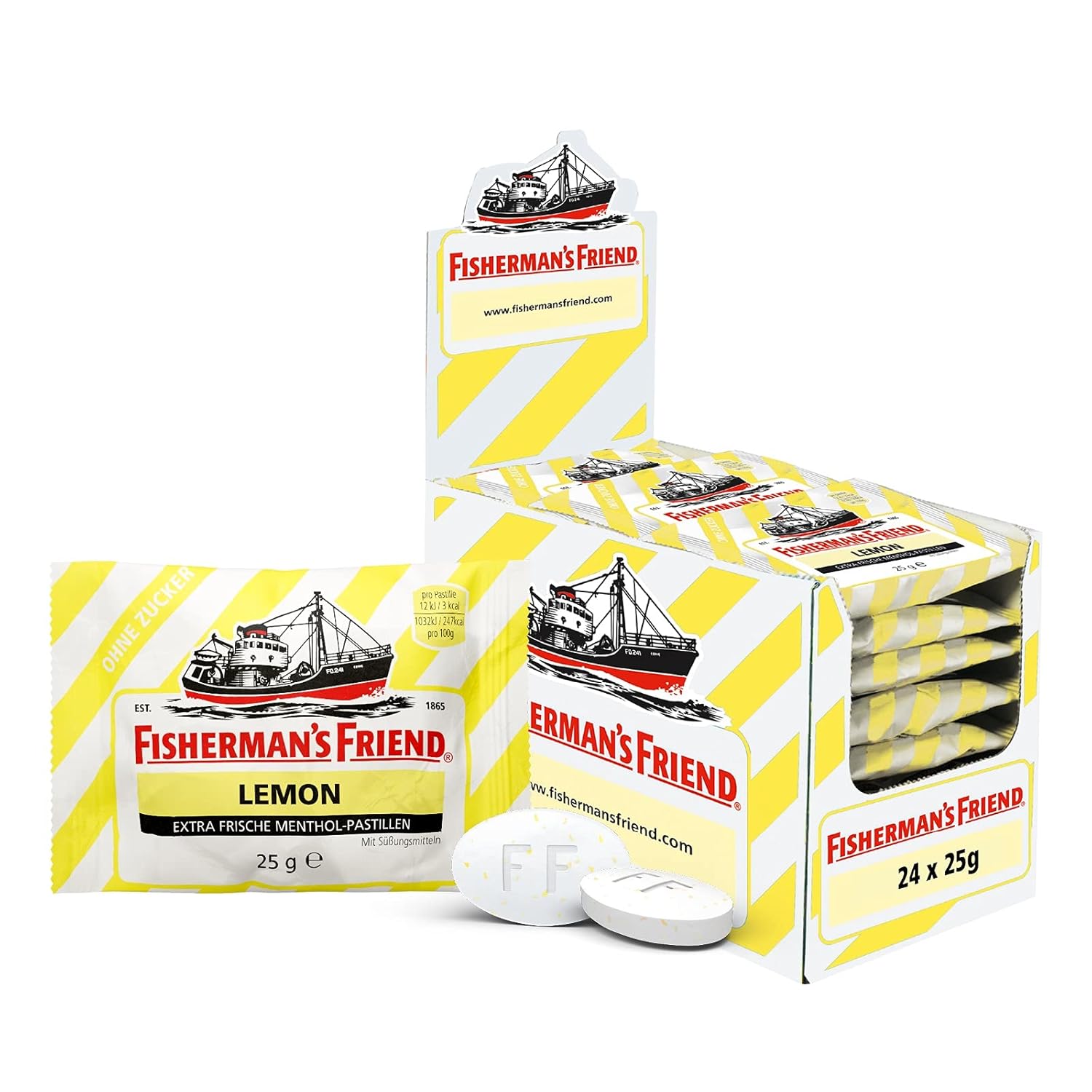 Detalle de Fisherman’s Friend Lemon – 24er Vorratsbox, Zuckerfrei & Vegan, Zitronen-Menthol für frischen Atem