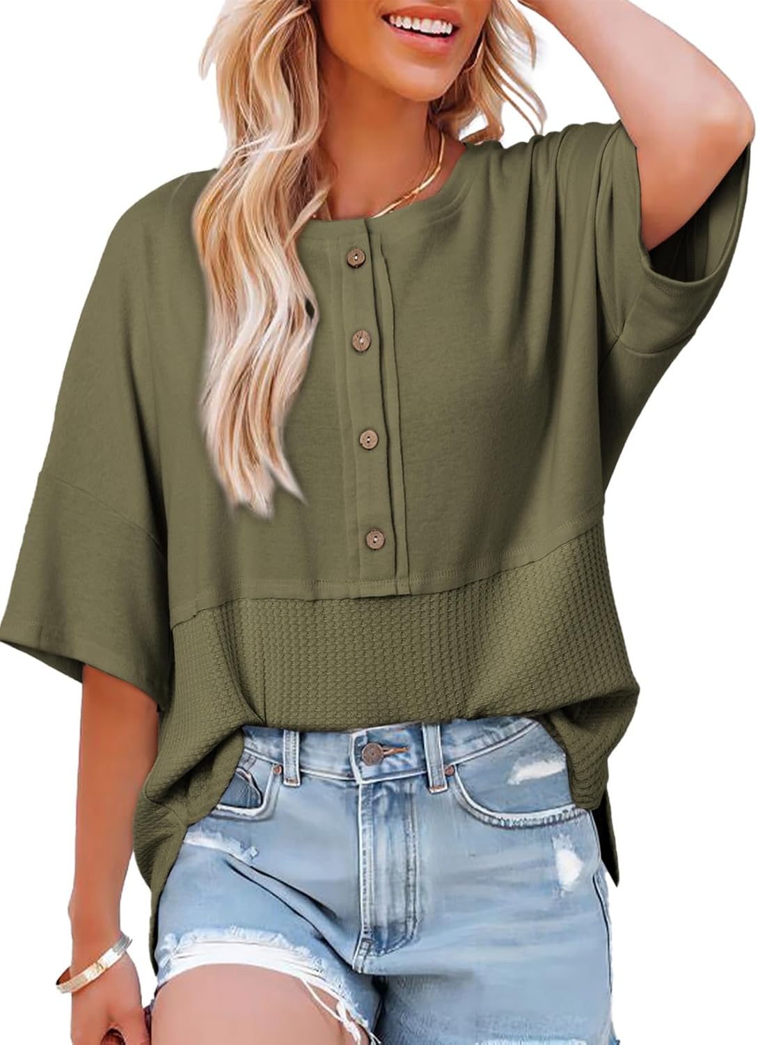 Thumbnail 6 de Dokotoo Damen-Waffelstrick Bluse mit Patchwork, Oversize Tunikashirt und 3/4-Ärmeln