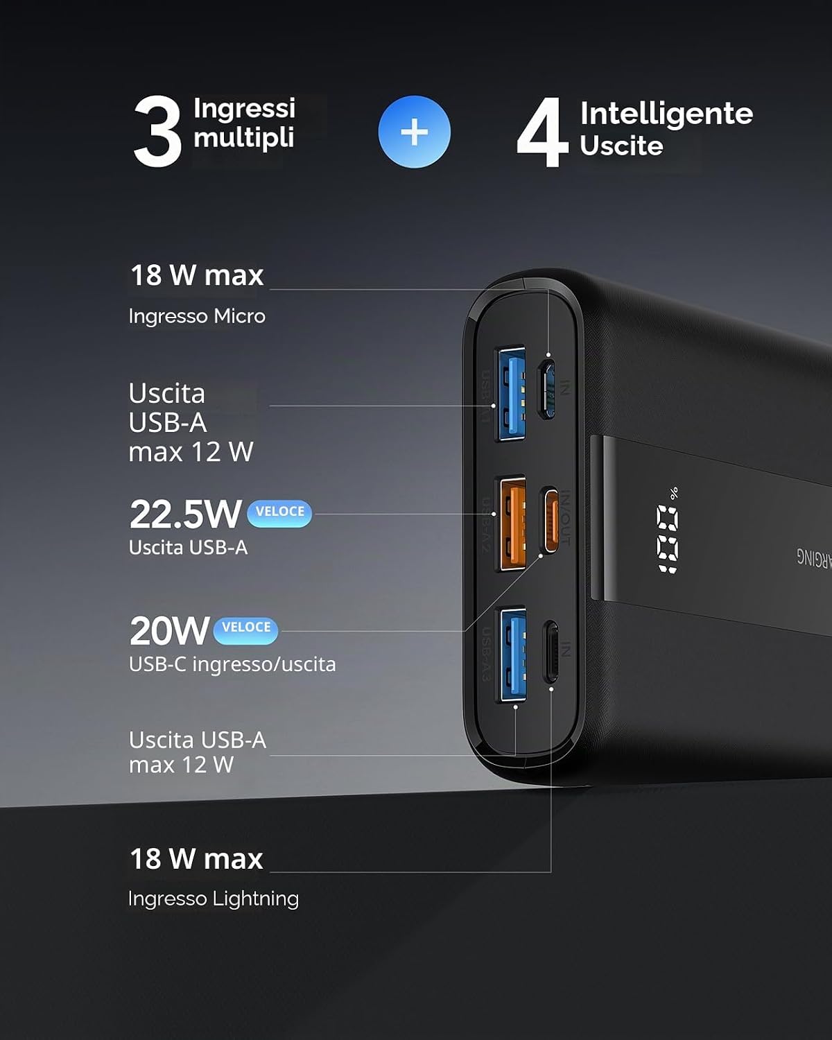 Detalle 2 de VRURC Power Bank 20000mAh ricarica rapida 22,5W