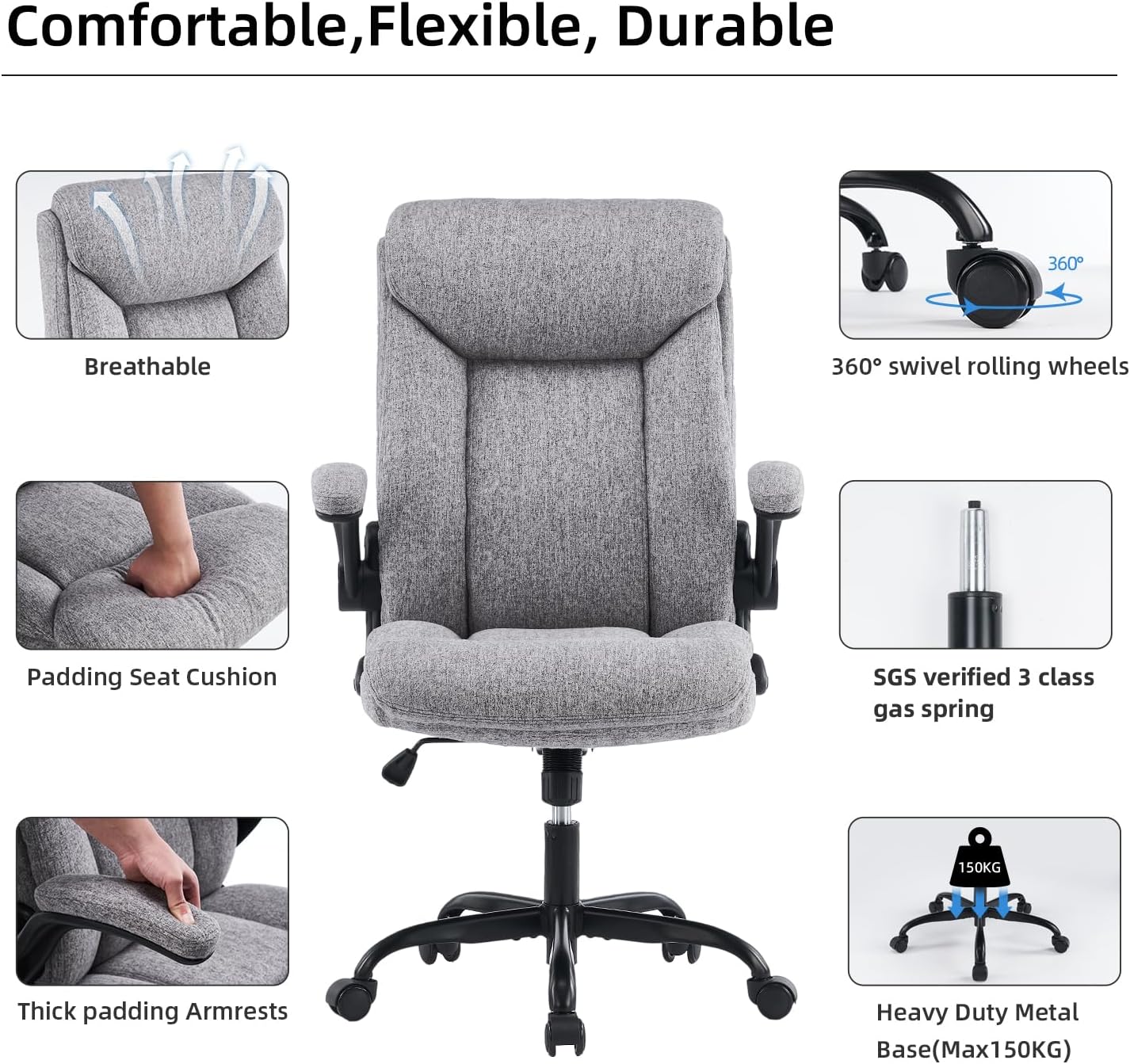 Thumbnail 5 de MZLEE Fabric Office Chair for Home Office with Ergonomic Support and Flip-Up Arms