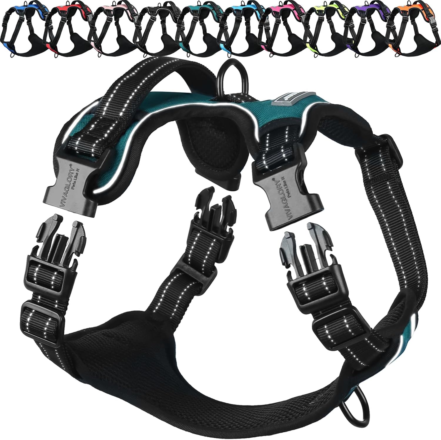Detalle de VIVAGLORY Easewalk No Pull Dog Harness with Front Clip, Back Clip and Handle (L) in Teal