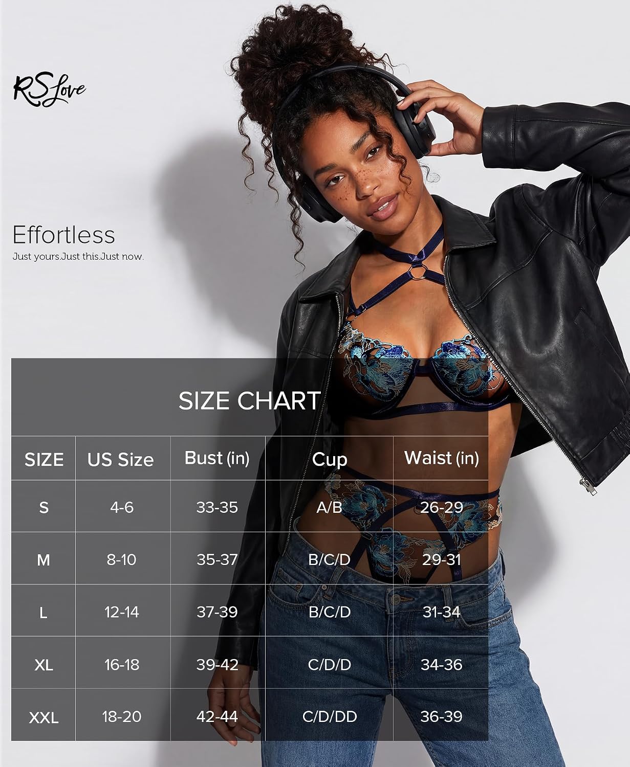 Detalle 2 de RSLOVE lingerieset met meshbeha, slipje, bloemenpatroon en jarretelgordel