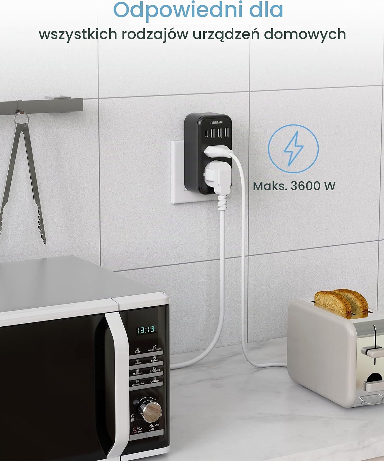 Thumbnail 4 de TESSAN 6 w 1 – rozgałęźnik gniazdka, 2 gniazda, 4 porty USB, 3600 W