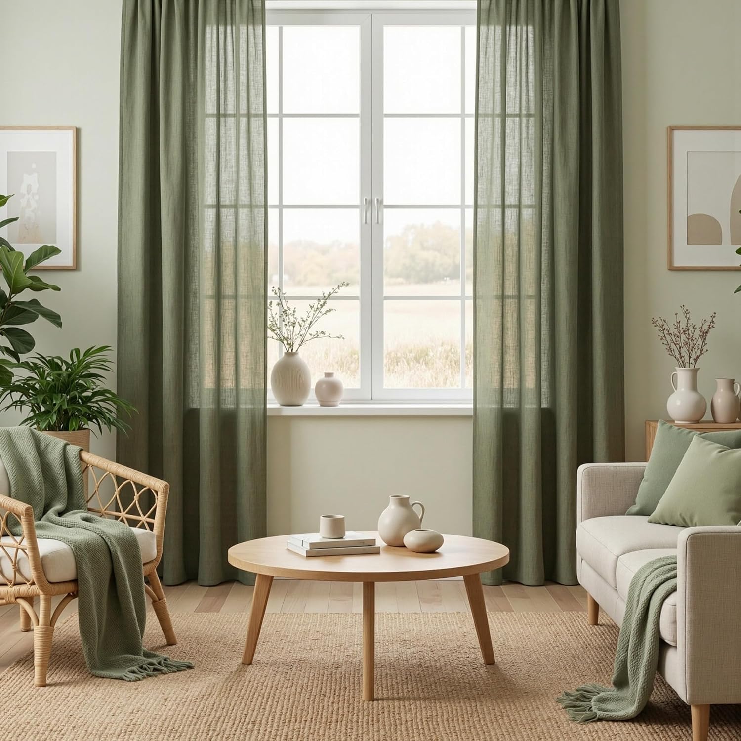Detalle de MYSKY HOME Gardinen Wohnzimmer Vorhänge mit Kräuselband in Leinenoptik (2er-Set) – halbtransparent, naturähnlicher Stil