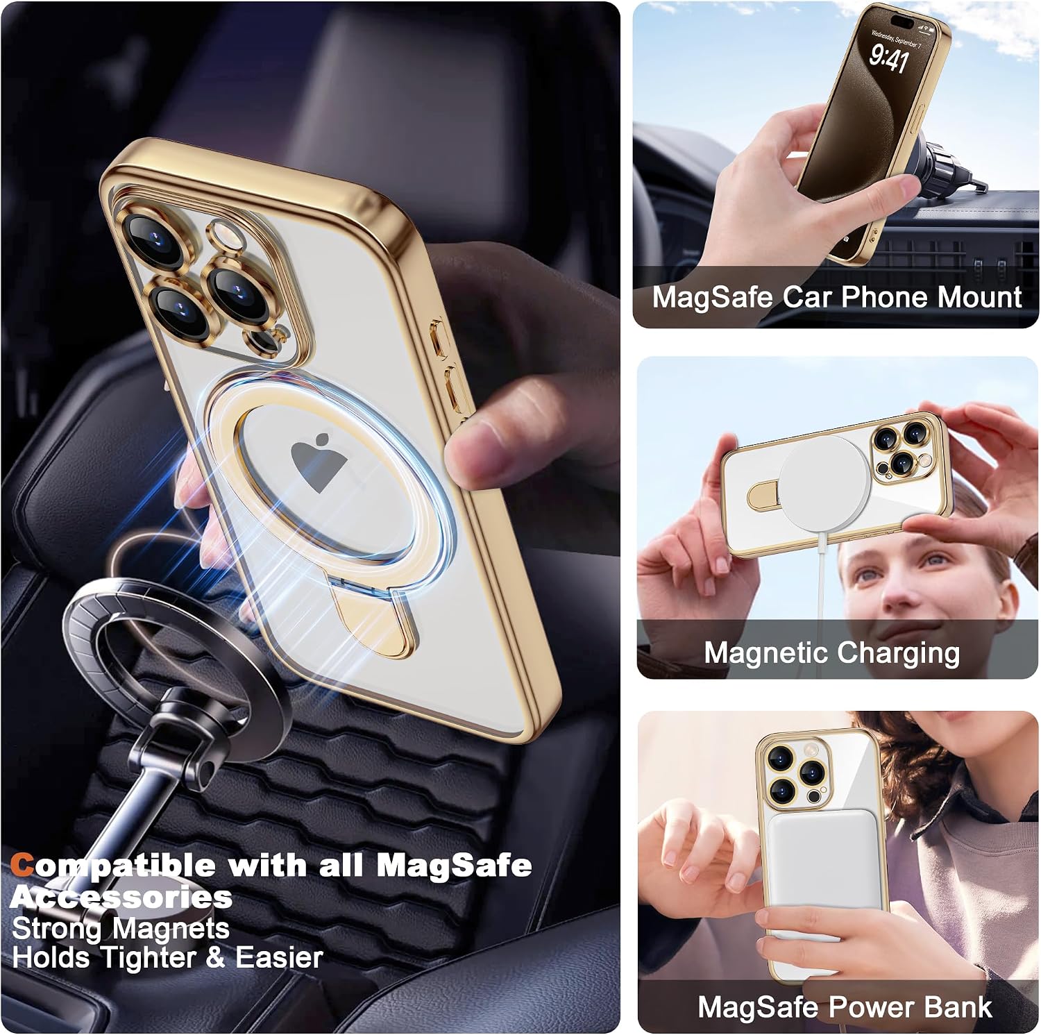 Detalle 2 de ETPESOK 1-EE-AKN-iphone14PRO-TDZD-GD Clear iPhone 14 Pro Case, Gold Trim, Ring Stand