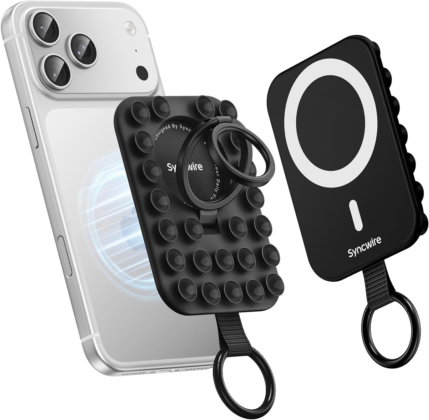 Syncwire Magnetic Suction Phone Mount for MagSafe (Midnight Black) with Silicone Octo Cup Grip Ring