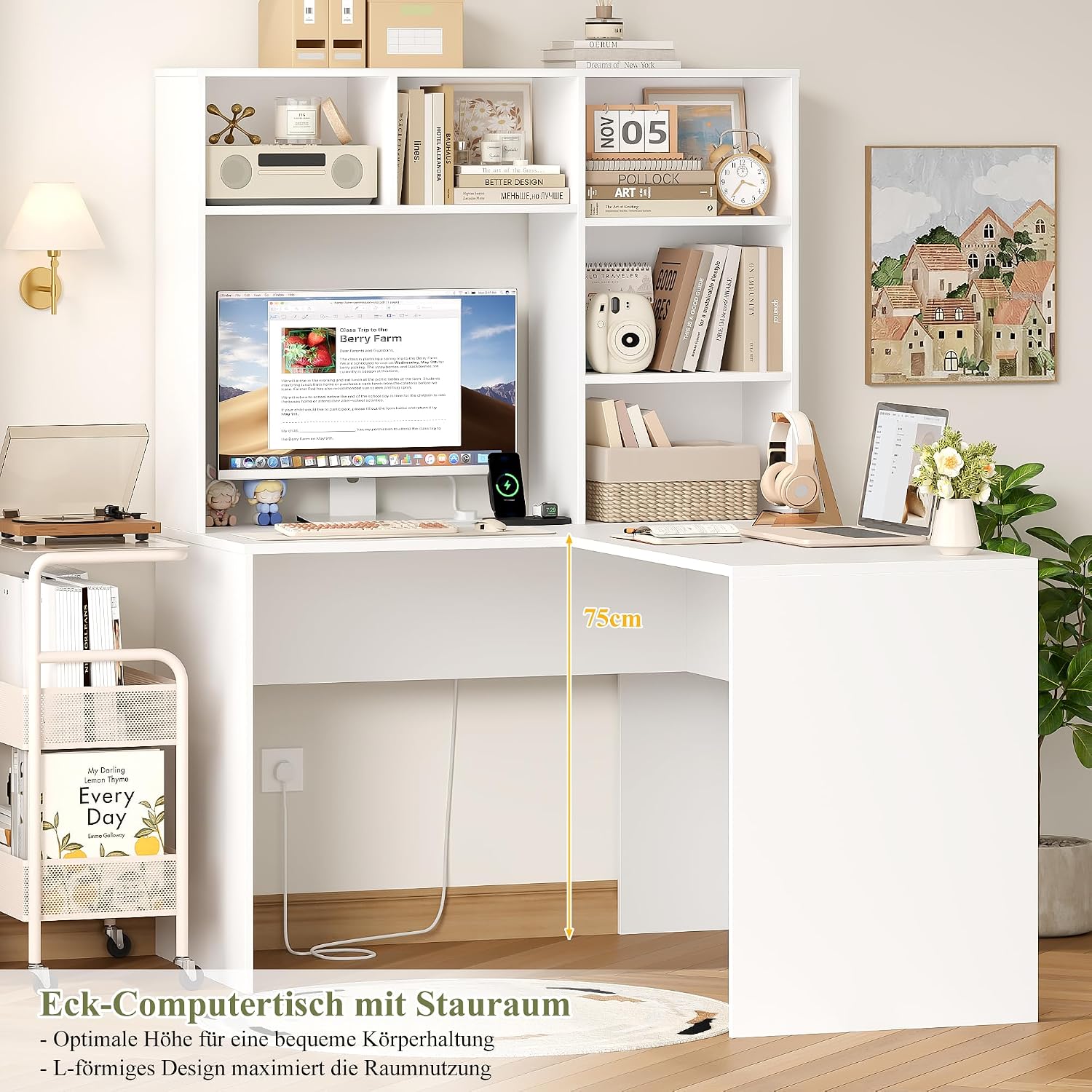 Thumbnail 3 de FirFurd Eckschreibtisch mit Steckdosenleiste – L‑Form, 153 x 125 x 108 cm, weiß