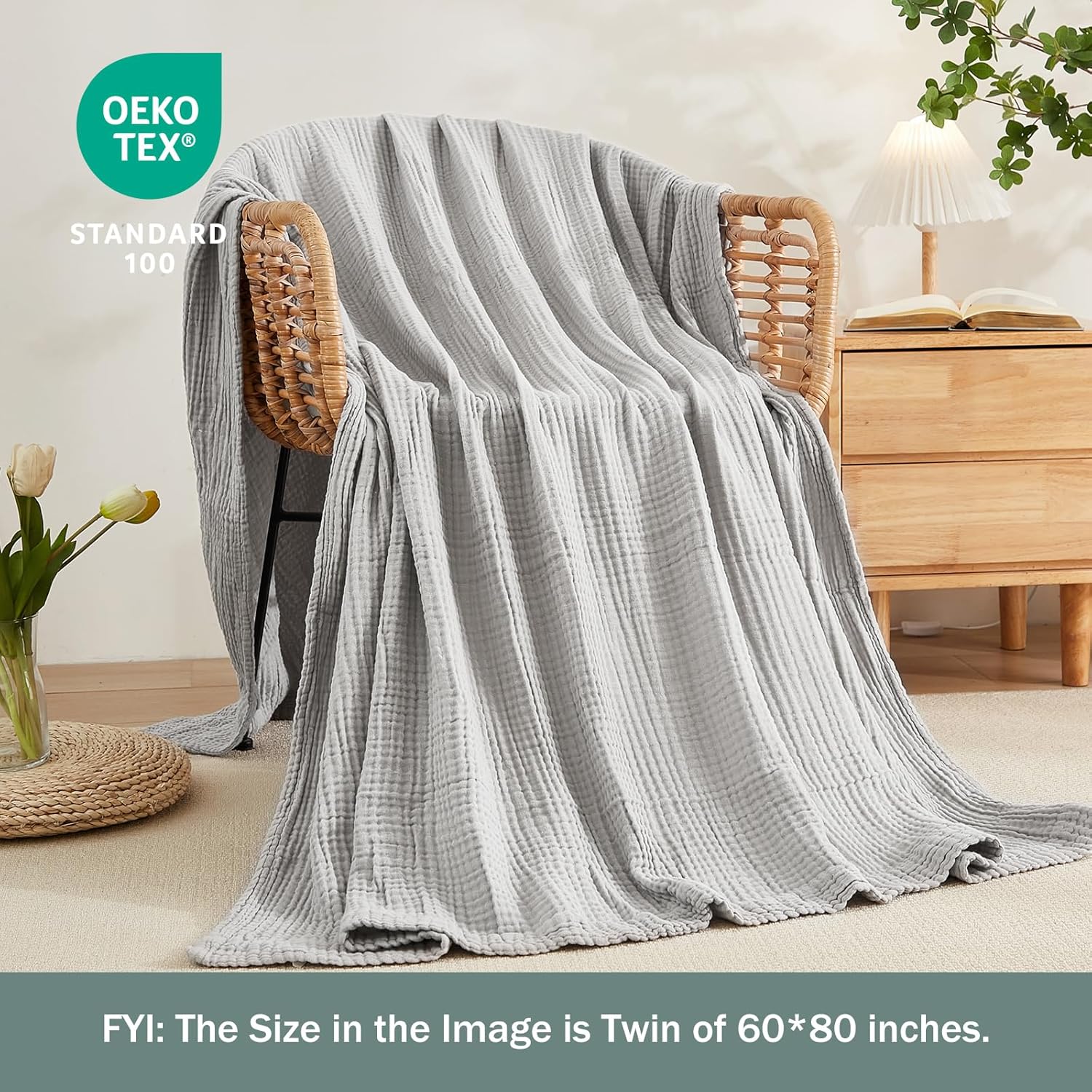 Thumbnail 1 de EMME Muslin Blankets for Adults: Light Grey Twin XL 66" x 90" Breathable Gauze Throw Blanket