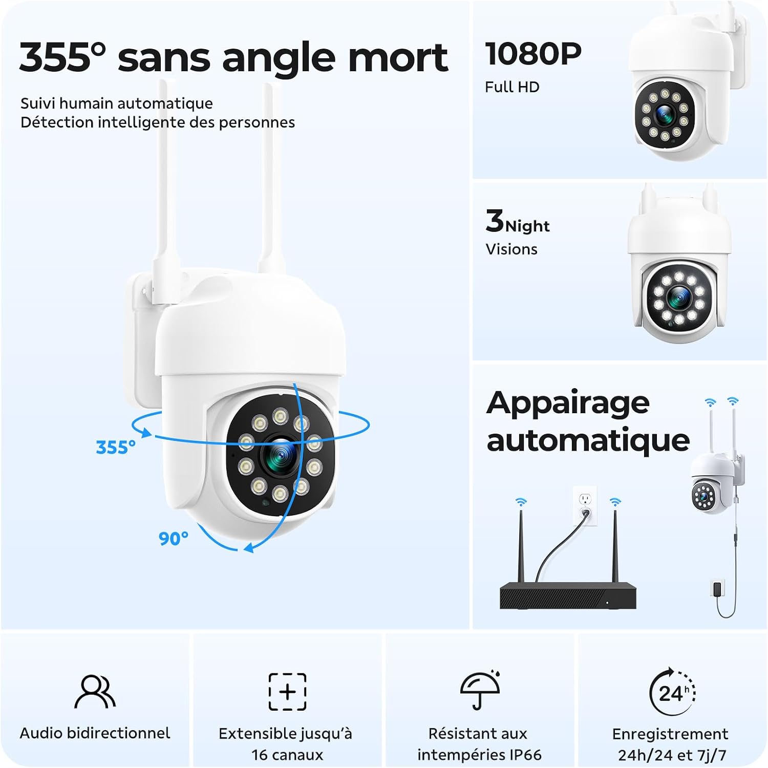 Detalle de Kit CAMCAMP 8x caméra de surveillance extérieure sans fil – Panoramique 360° et NVR 16CH 500Go avec vision nocturne intelligente