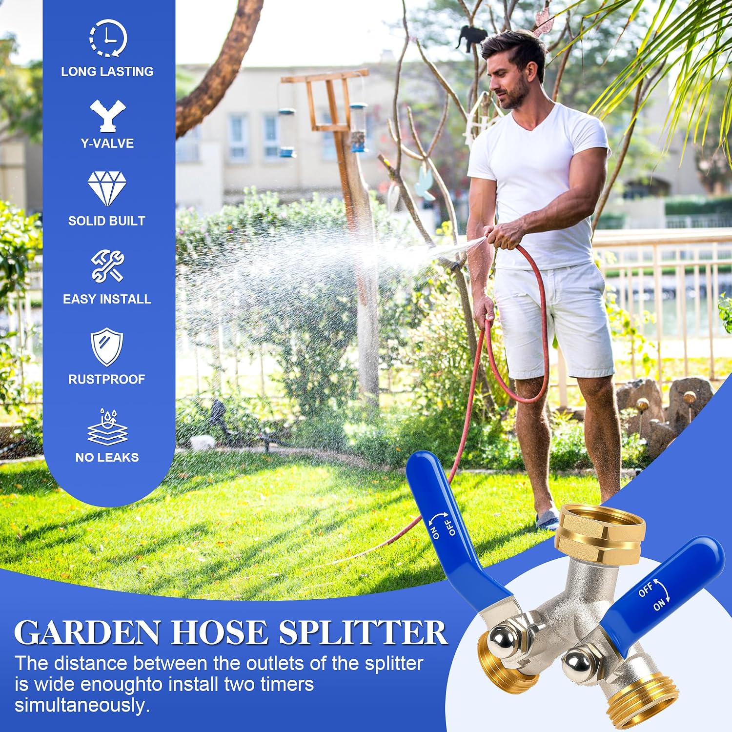 Detalle de EJW Garden Hose Splitter, 2-Way Brass Connector with 3/4" GHT Threads