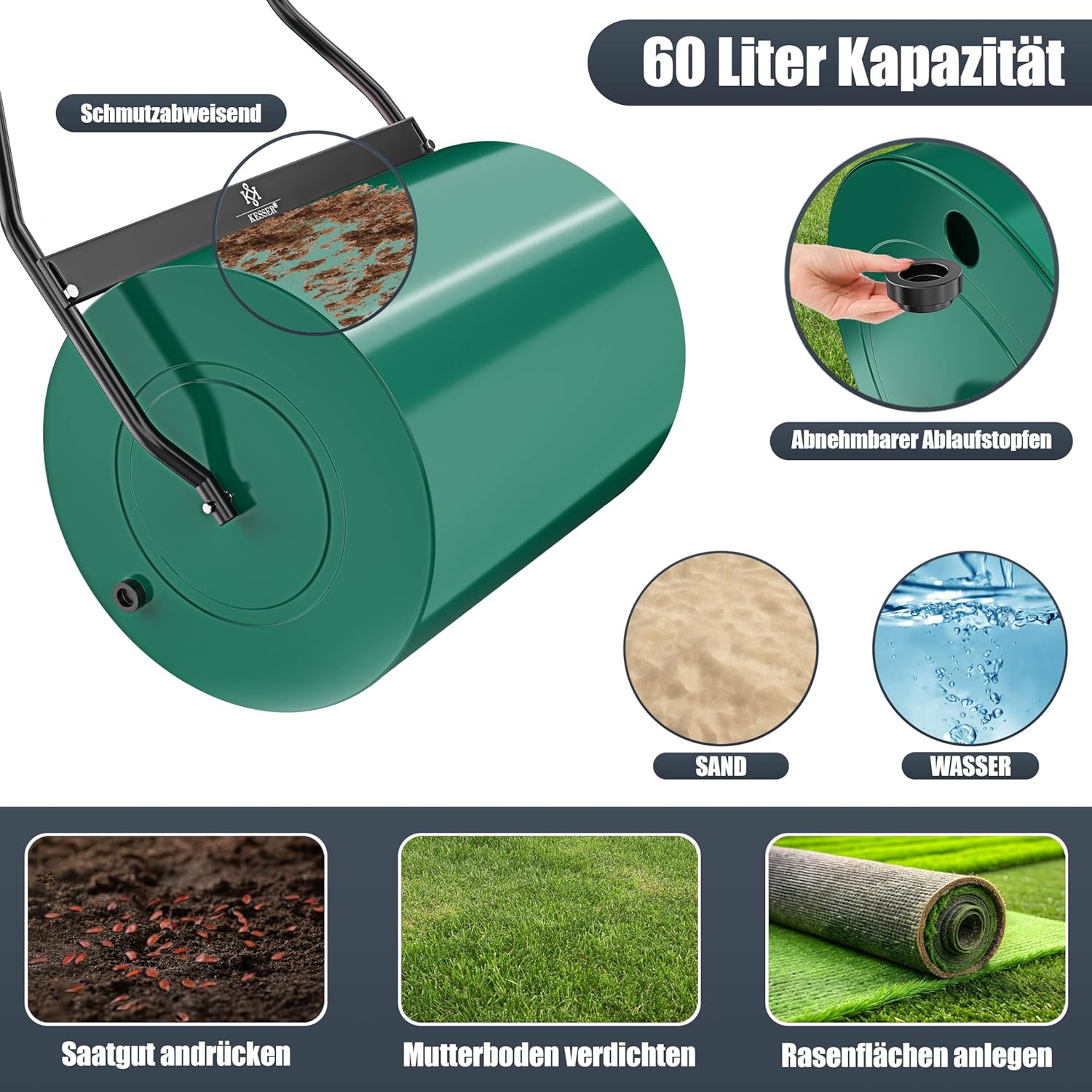Thumbnail 3 de KESSER® Rasenwalze Metall, befüllbar mit Wasser oder Sand, 60 Liter Füllvolumen, 50 cm Arbeitsbreite – inkl. Handschuhe