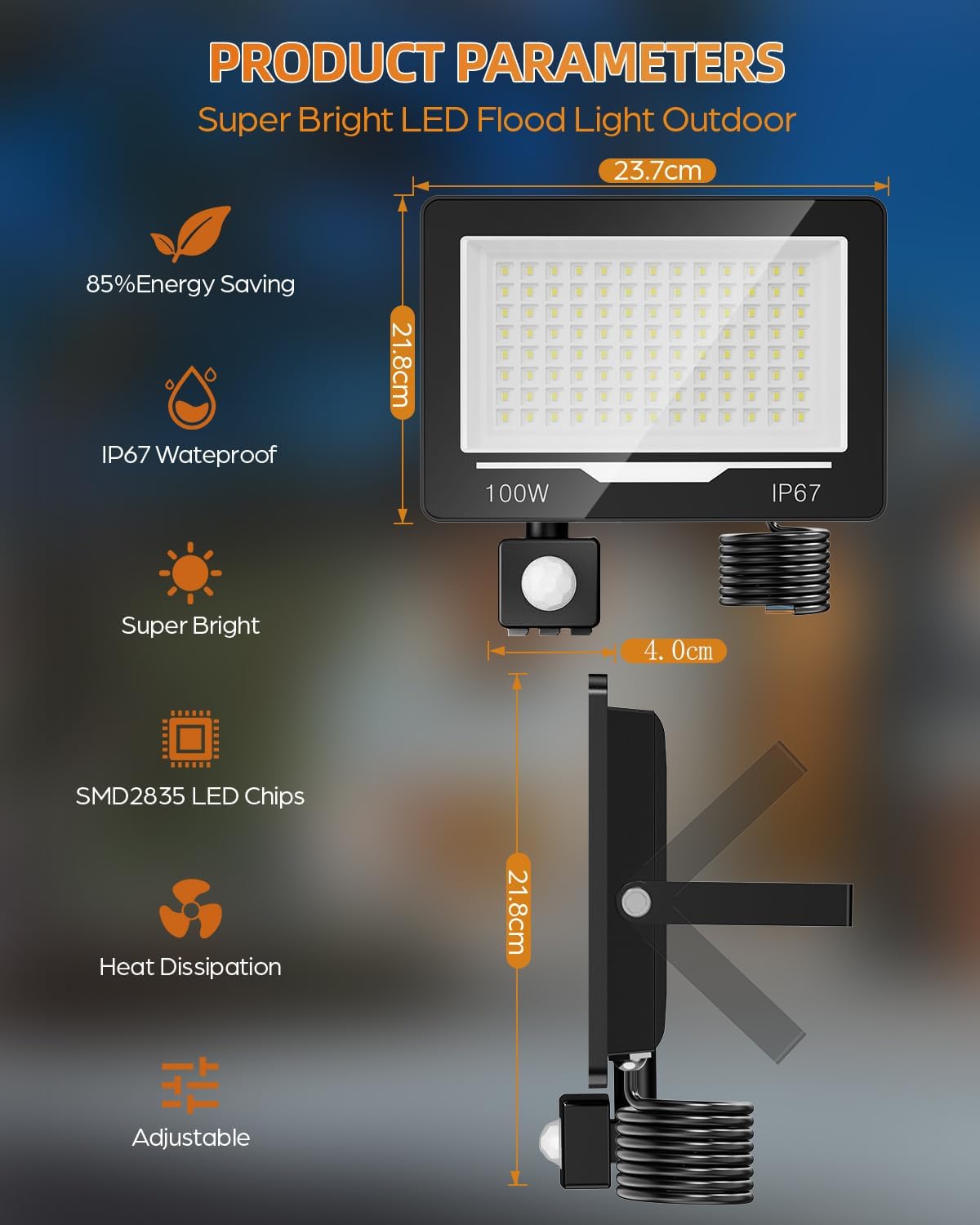 Detalle de TOPAUBUB 100W Projecteur LED Extérieur avec Détecteur de Mouvement – 10000 LM, IP67 et Blanc Froid 6500K