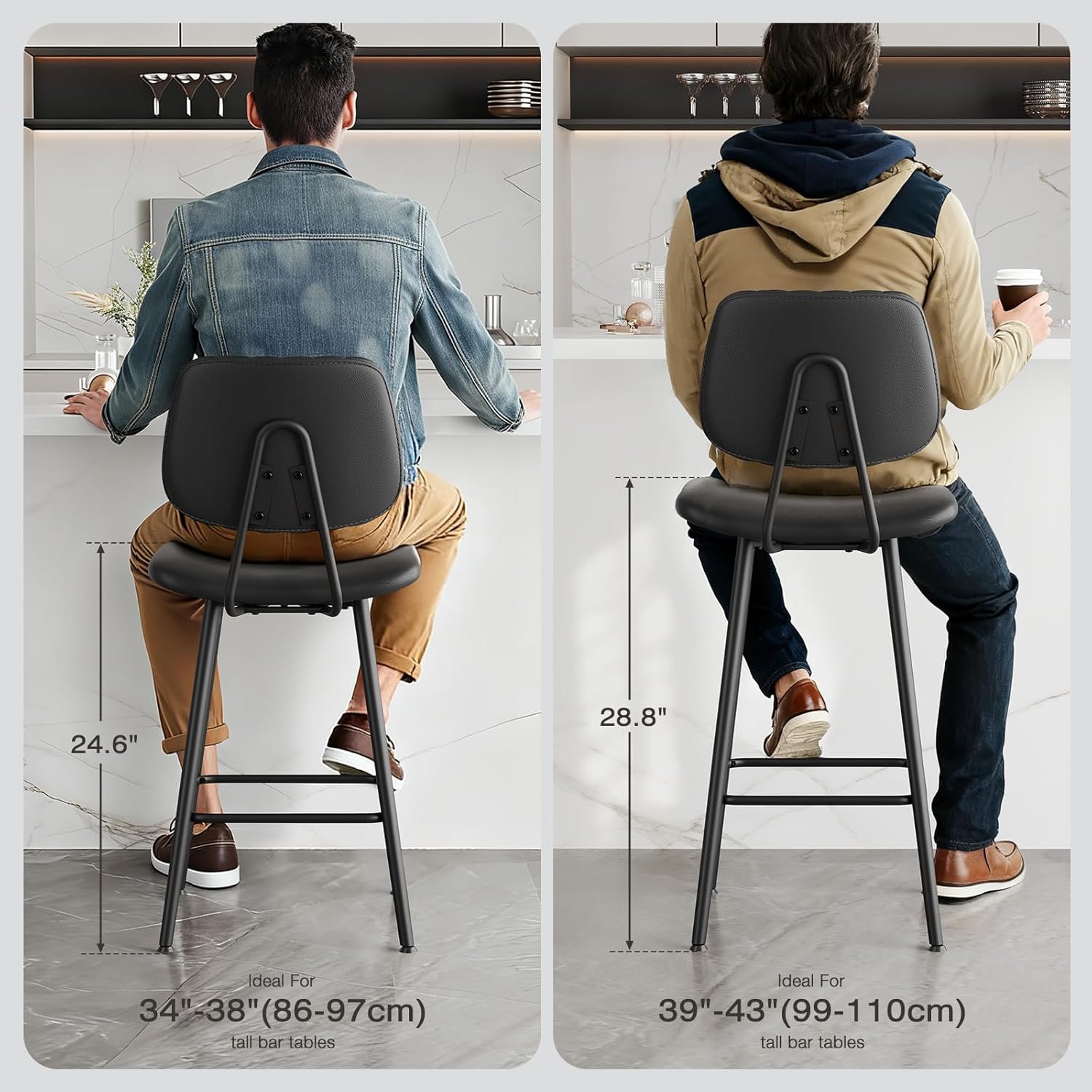 Detalle 2 de Raynesys 29-Inch Leather Bar Stools Set of 3 (Counter Height) with High Backrest