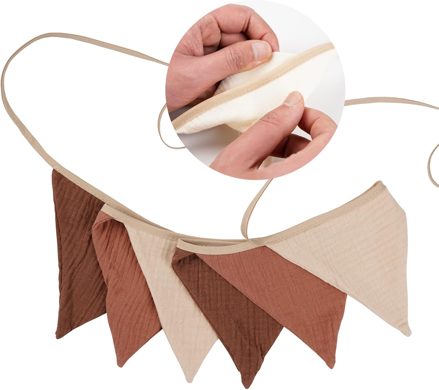 Thumbnail 2 de G2PLUS Muslin Fabric Bunting for Nursery (6-Flag, 1.9m) - Double-Sided Cotton Triangle Banner in Coffee & Beige