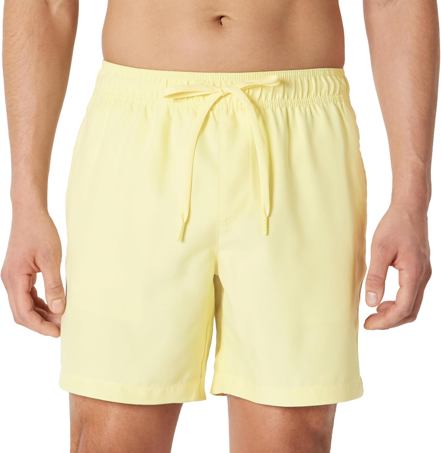 Detalle de Amazon Essentials Herren Badeshorts – kurze Badehose mit Netzfutter, Taschen und Kordelzugverschluss