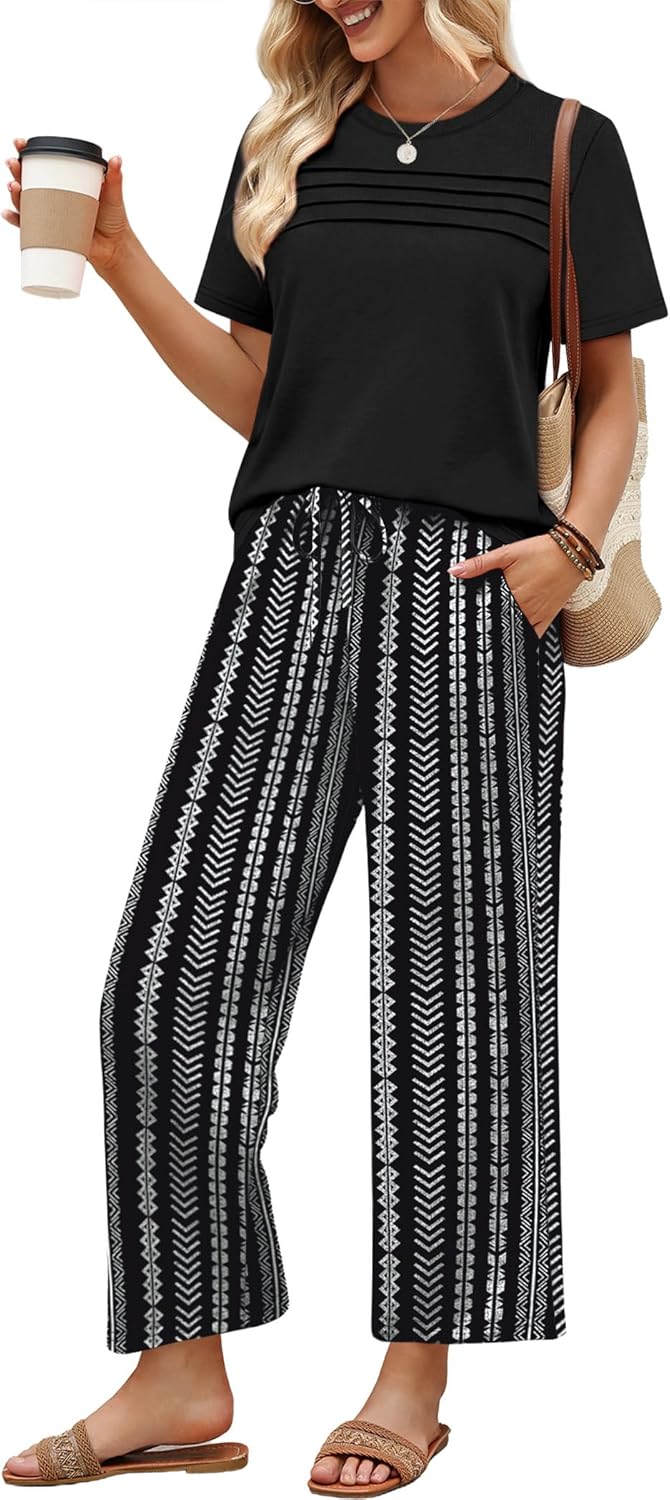 Thumbnail 6 de WIHOLL Two-Piece Lounge Set for Women: Cropped Wide-Leg Pants & Pleated Short-Sleeve Top