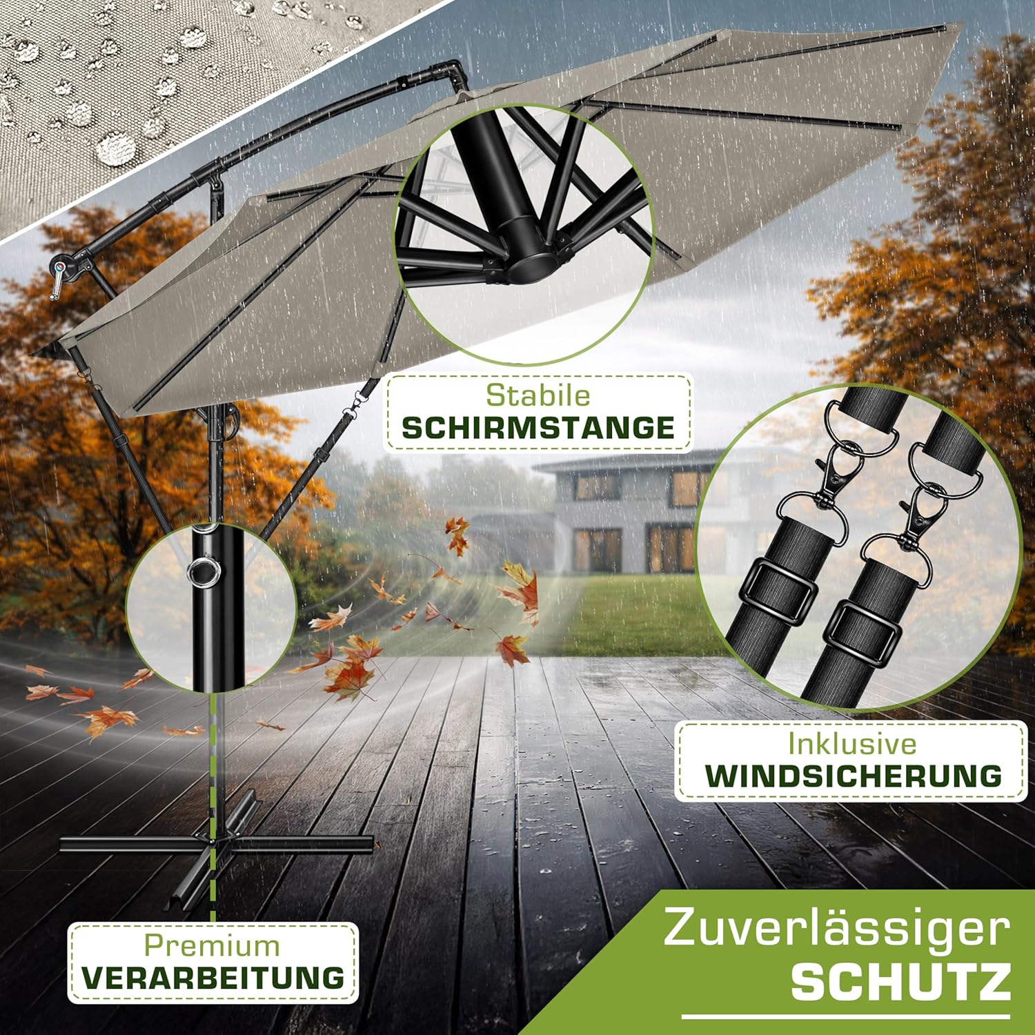 Thumbnail 6 de tillvex Alu Sonnenschirm 3 m Ø mit Kurbel und Abdeckung – Ampelschirm mit Ständer, Windschutz und 360° Drehung