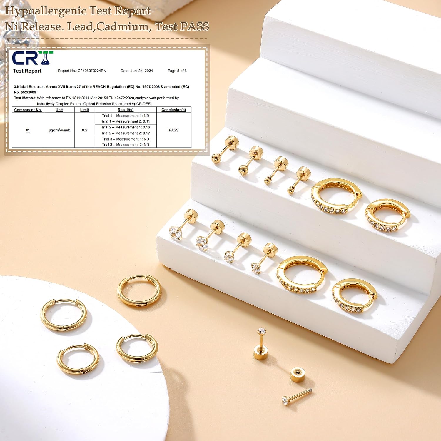 Detalle 2 de LOLIS 9-Paar Ohrringe Set – hypoallergen, 316L Chirurgenstahl, 14K Goldbeschichtung