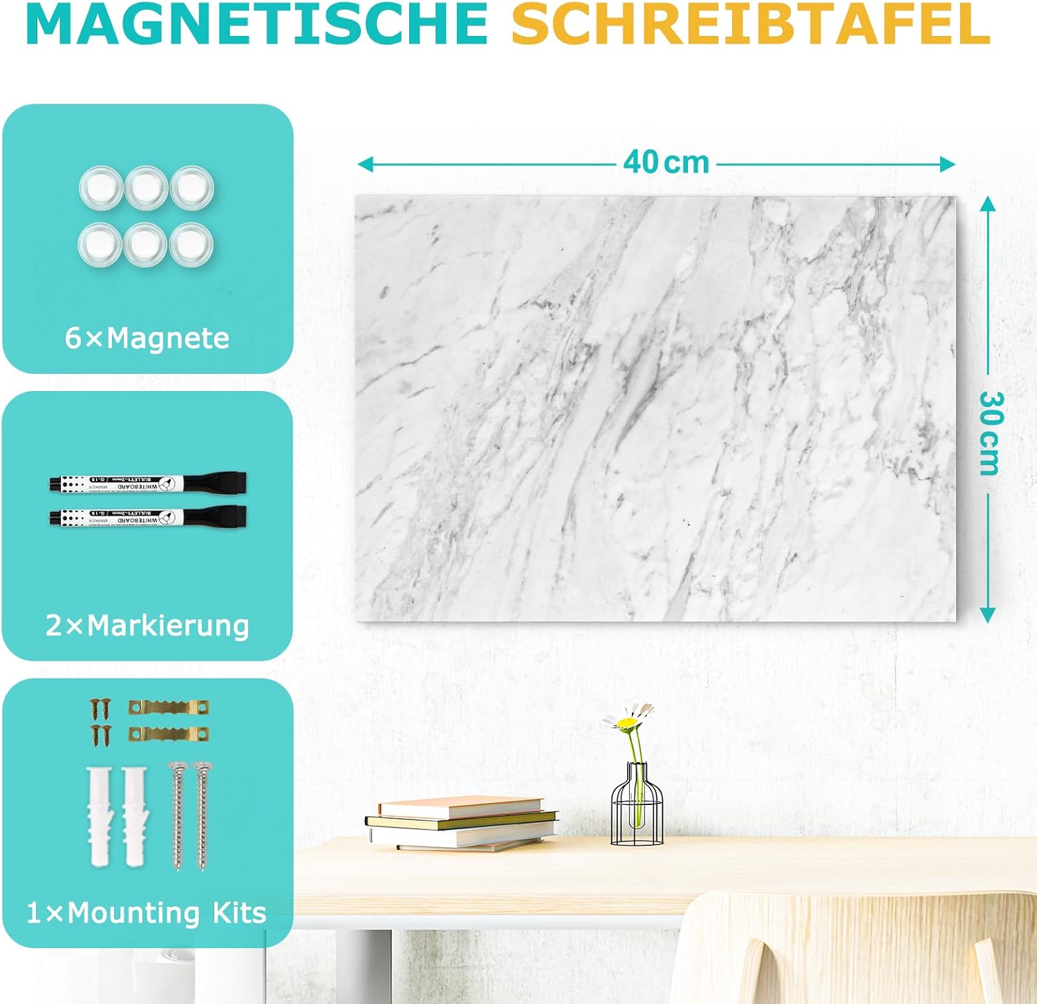 Detalle 2 de DOLLAR BOSS Magnetisches Whiteboard 30 x 40 cm – Magnettafel für Wand, Drucken-Memoboard mit 4 Magneten & 2 Stiften