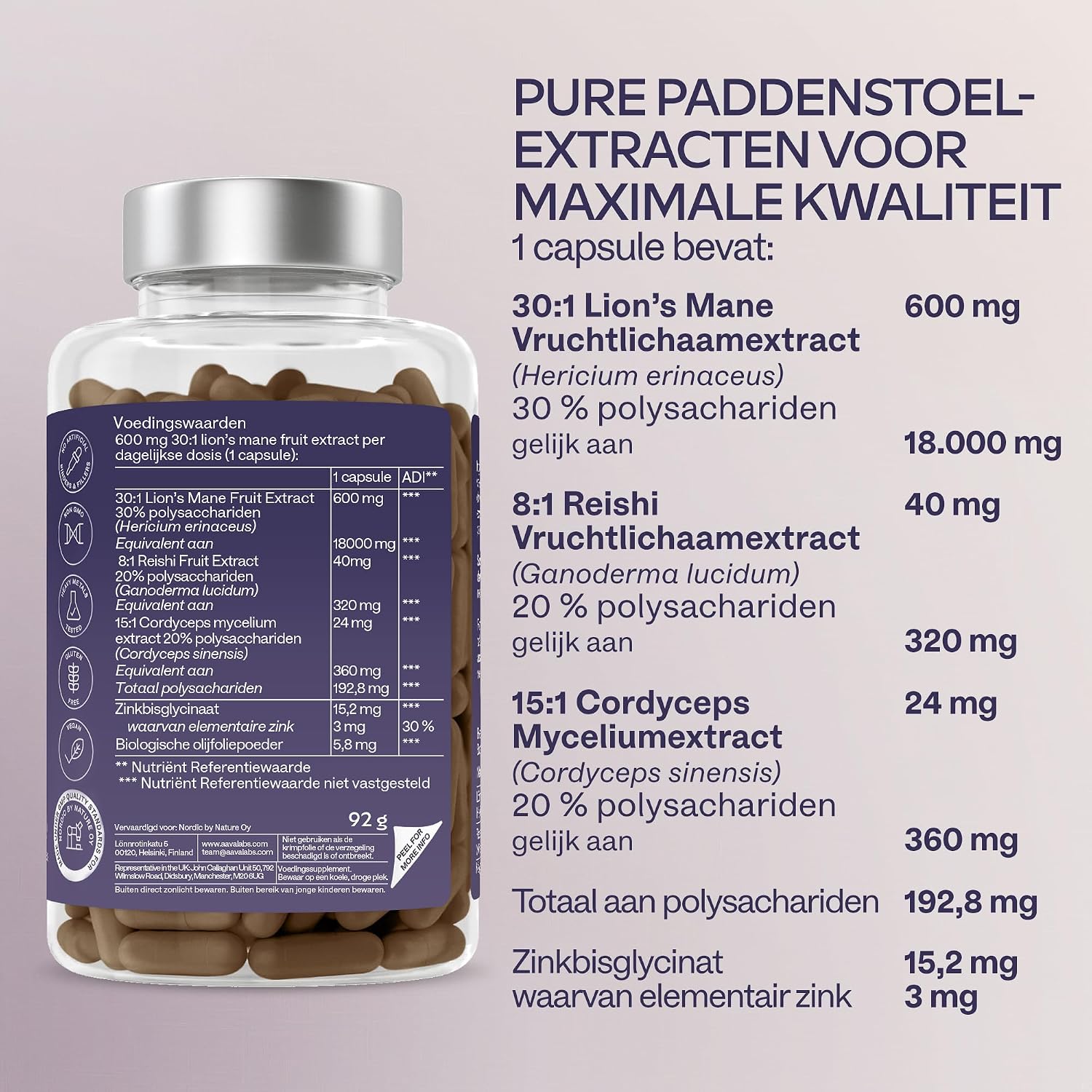 Detalle de AAVALABS Pruikzwam supplement met 30:1-extract, zink, Reishi en Cordyceps